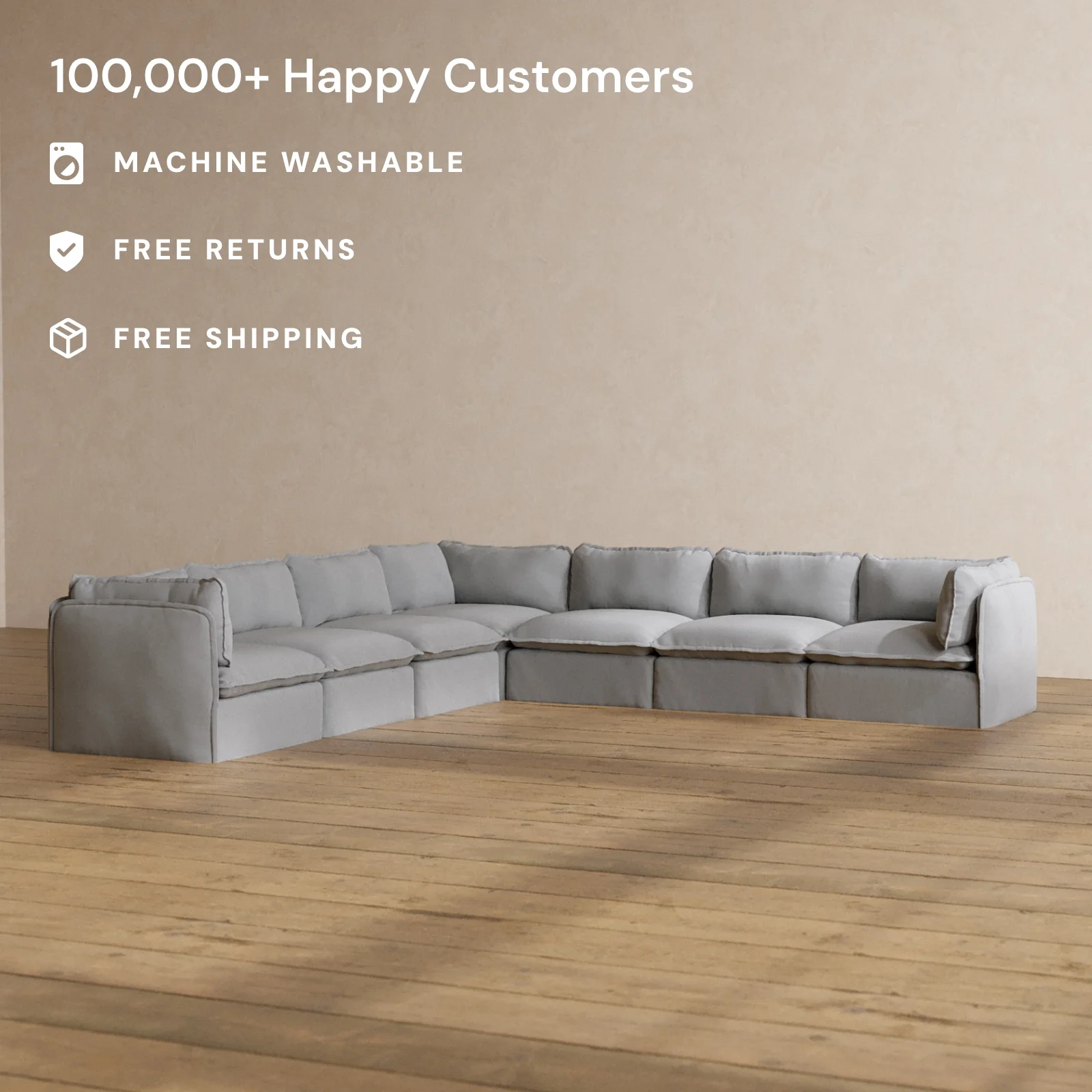 Modular Washable 7-Seater Corner Sectional in Pumice | Deluxe+ Seat | Cloud Pillow - Image 2
