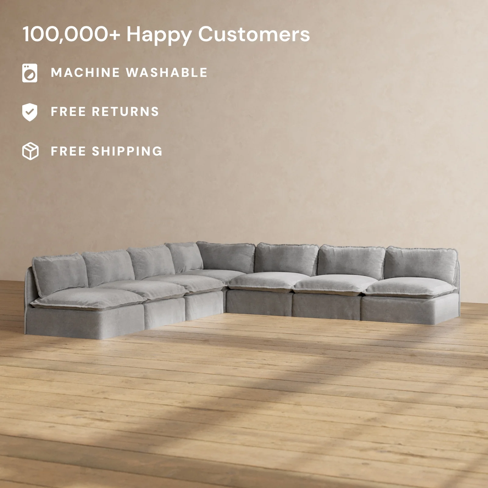Modular Washable 7-Seater Open-Ends Corner Sectional in Ash | Deluxe+ Seat | Cloud Pillow - Image 2