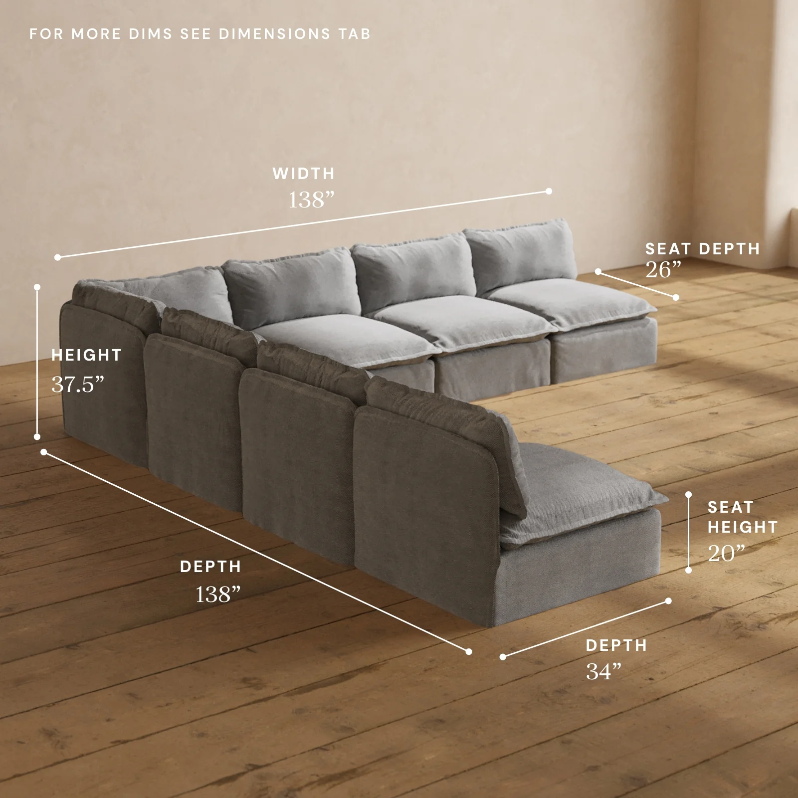 Modular Washable 7-Seater Open-Ends Corner Sectional in Ash | Deluxe+ Seat | Cloud Pillow - Image 5
