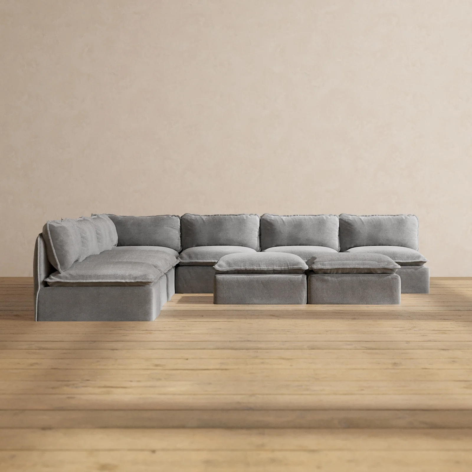 Modular Washable 7-Seater Open-Ends Corner Sectional + Bench Ottoman in Ash | Deluxe+ Seat | Cloud Pillow