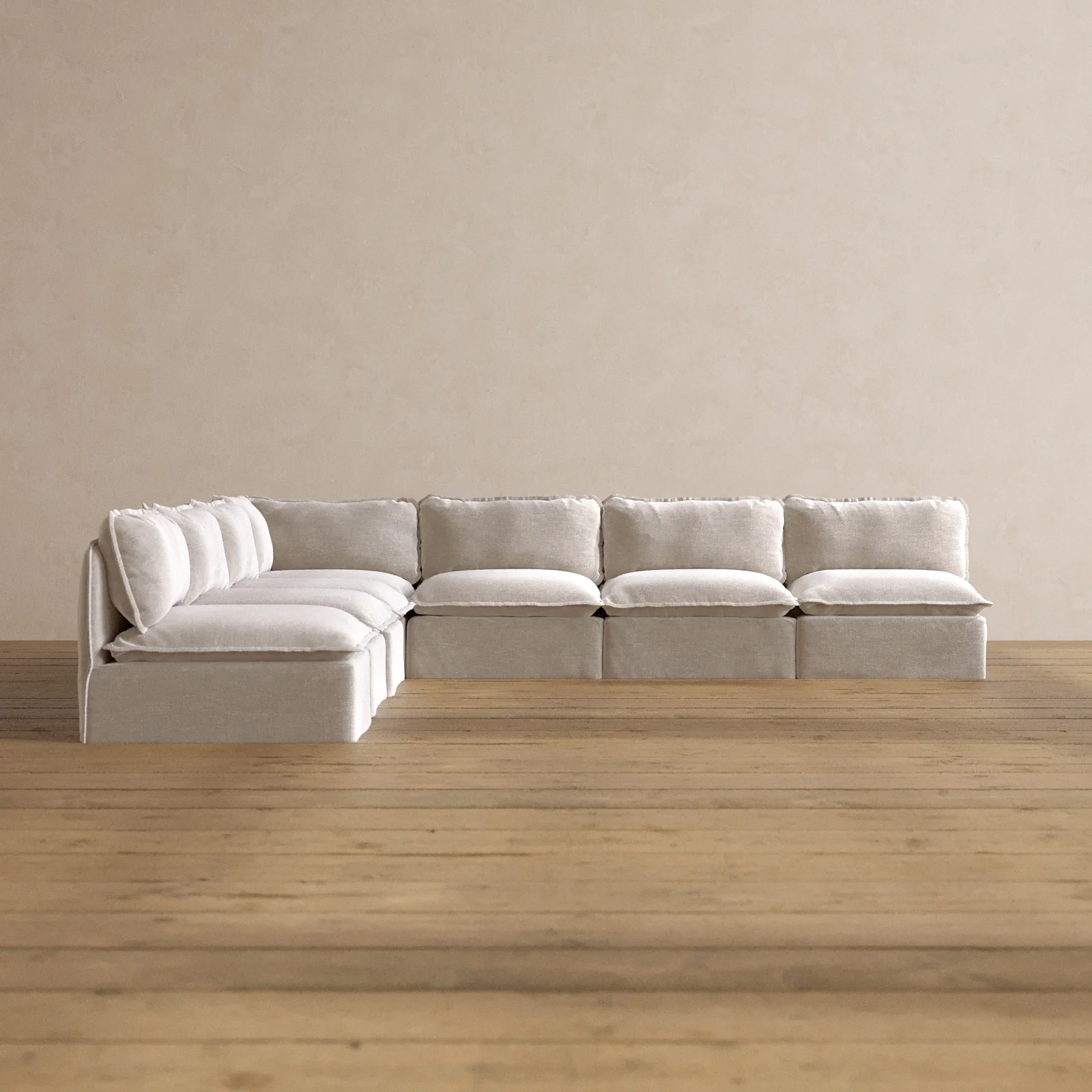 Modular Washable 7-Seater Open-Ends Corner Sectional + Bench Ottoman in Mist | Memorix+ Seat | Contour Pillow