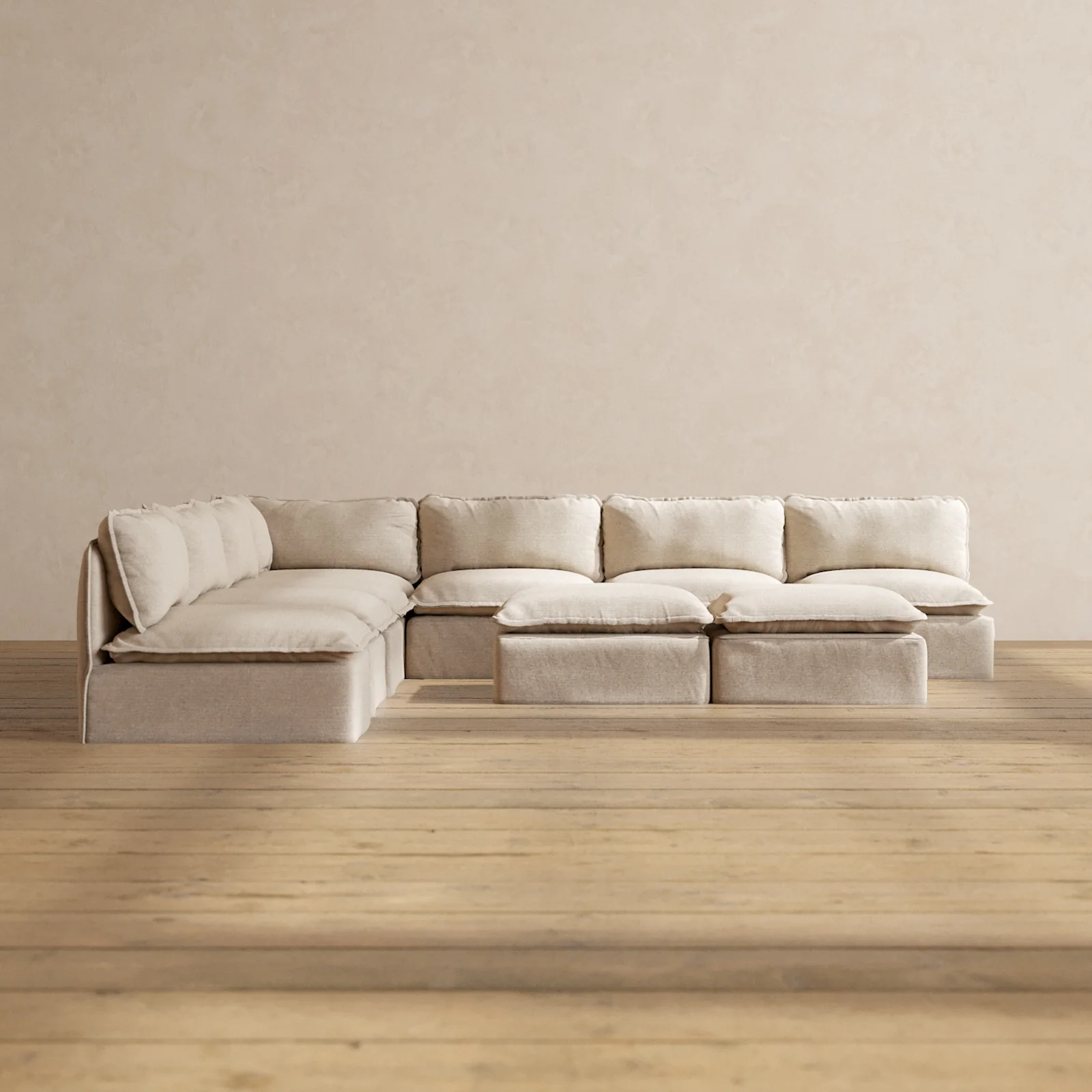 Modular Washable 7-Seater Open-Ends Corner Sectional + Bench Ottoman in Oat | Deluxe+ Seat | Cloud Pillow