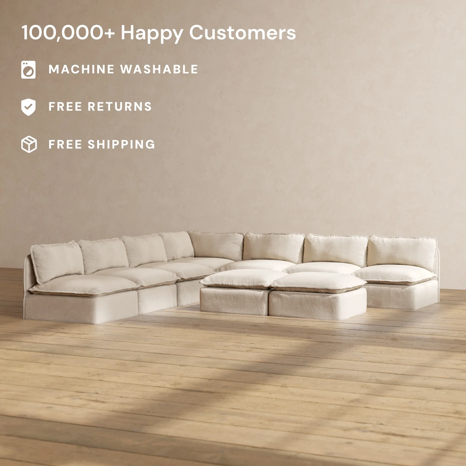 Modular Washable 7-Seater Open-Ends Corner Sectional + Bench Ottoman in Oat | Deluxe+ Seat | Cloud Pillow - Image 2