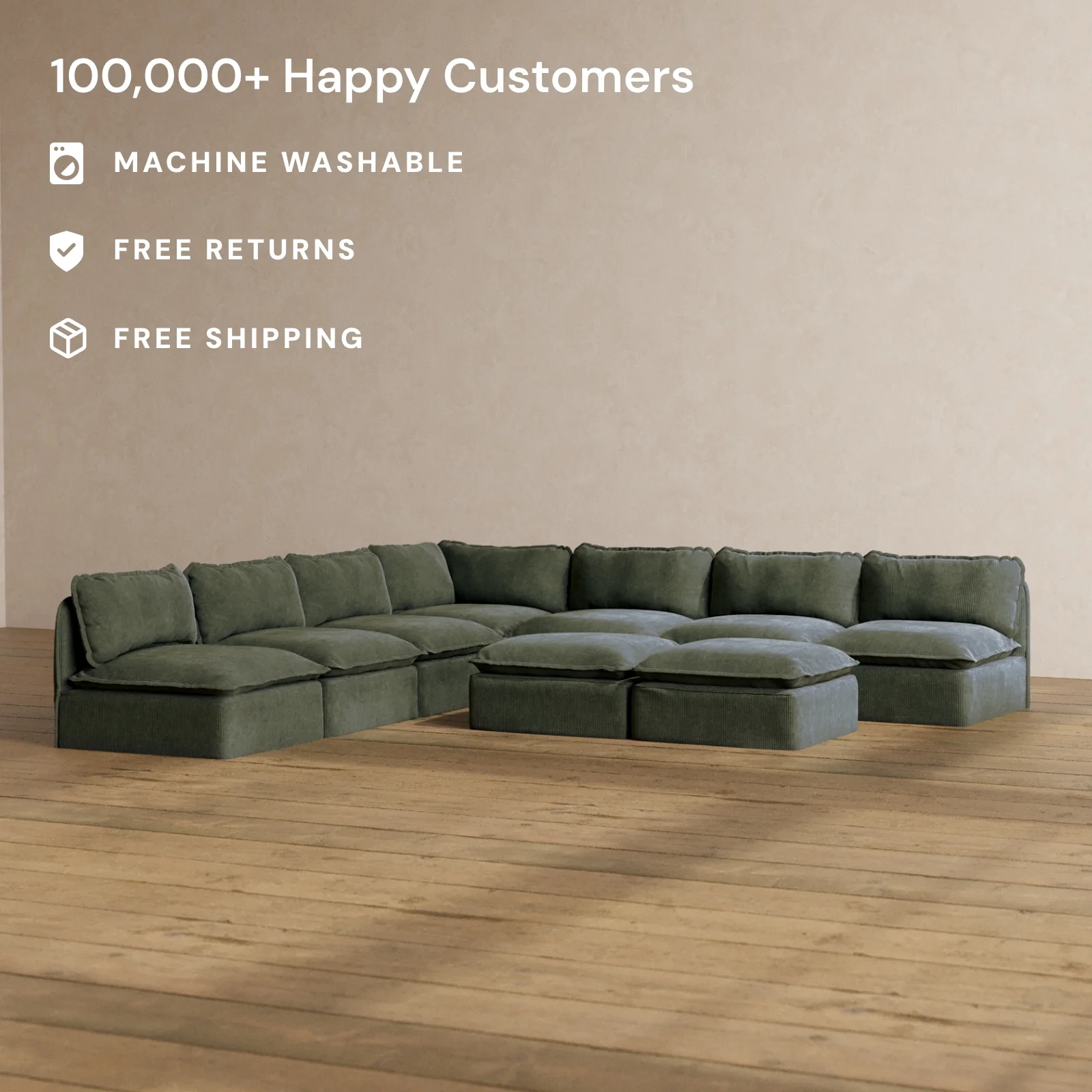 Modular Washable 7-Seater Open-Ends Corner Sectional + Bench Ottoman in Olivine | Memorix+ Seat | Contour Pillow - Image 2