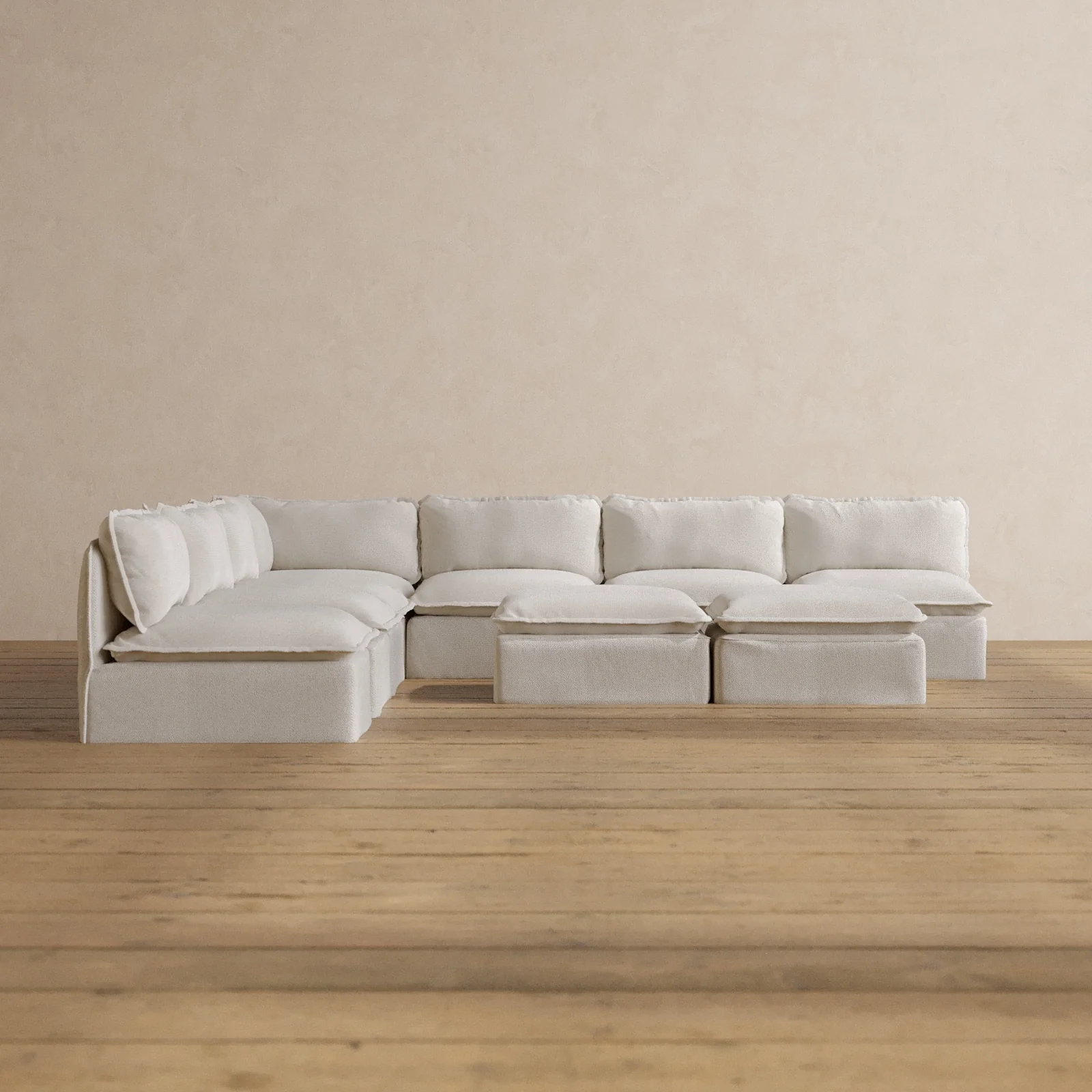 Modular Washable 7-Seater Open-Ends Corner Sectional + Bench Ottoman in Powder | Memorix+ Seat | Contour Pillow
