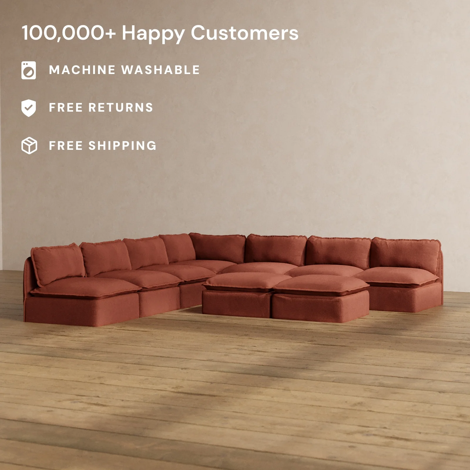 Modular Washable 7-Seater Open-Ends Corner Sectional + Bench Ottoman in Rust | Deluxe+ Seat | Cloud Pillow - Image 2