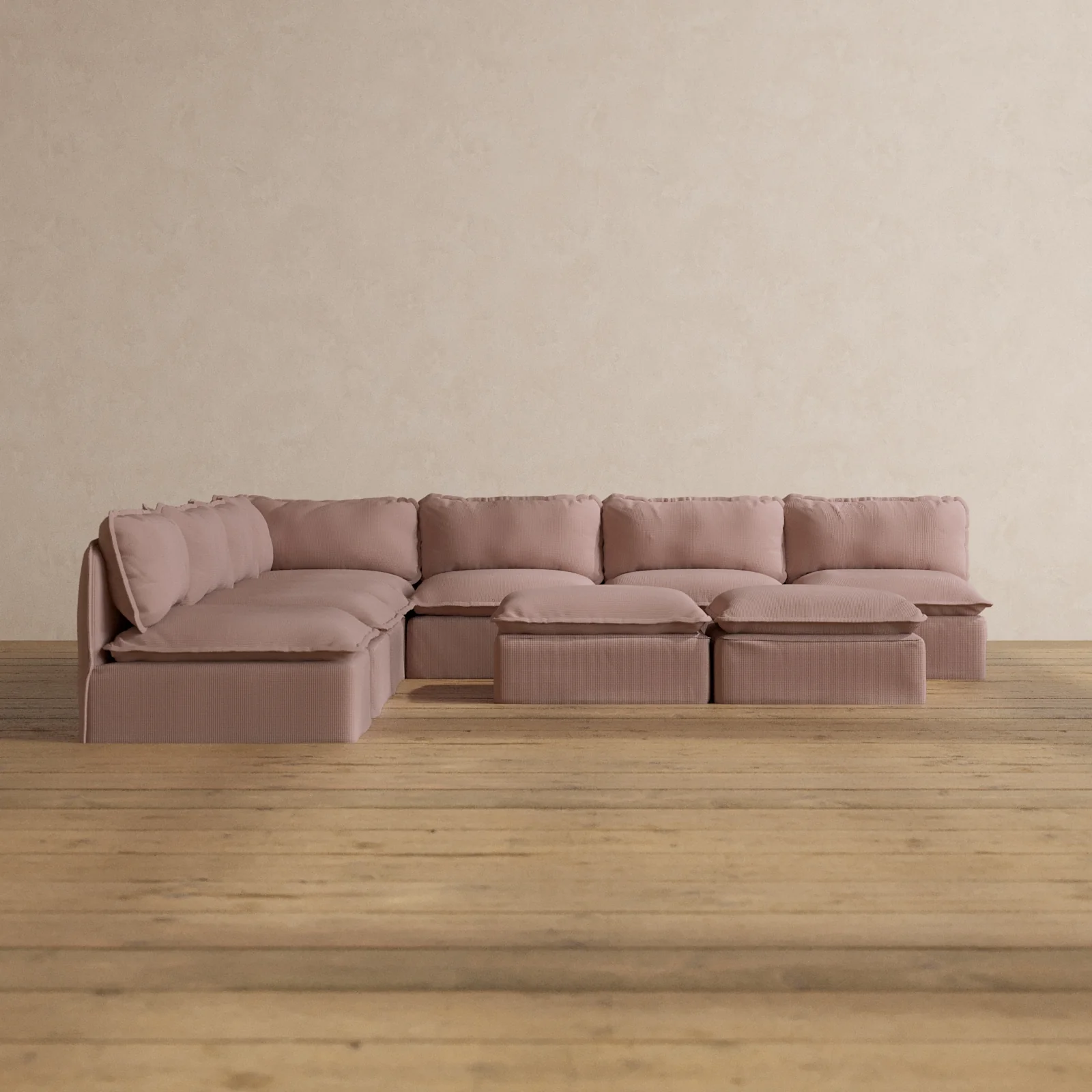 Modular Washable 7-Seater Open-Ends Corner Sectional + Bench Ottoman in Sakura | Memorix+ Seat | Contour Pillow