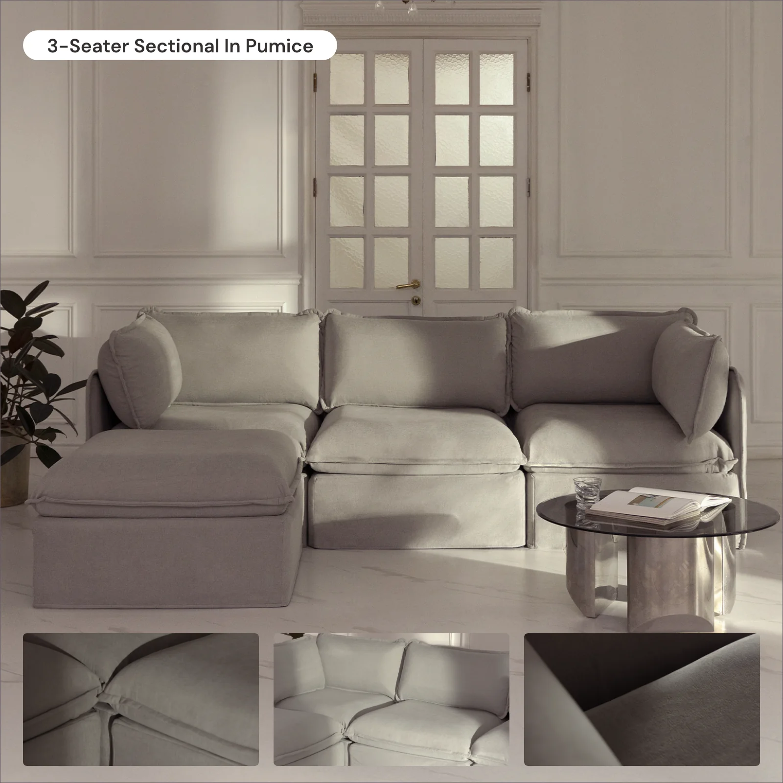 Modular Washable 7-Seater Open-Ends Corner Sectional in Pumice | Deluxe+ Seat | Cloud Pillow - Image 7