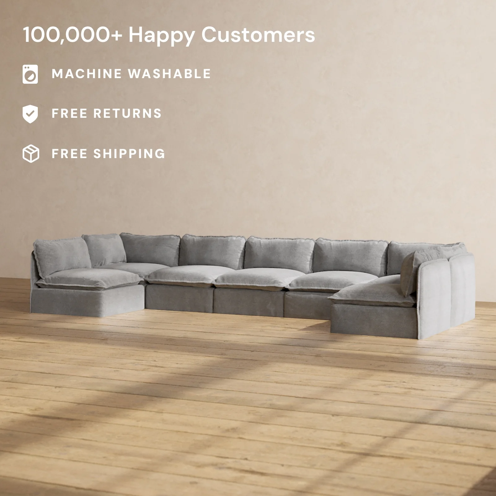 Modular Washable 7-Seater Open-Ends U-Sectional in Ash | Deluxe+ Seat | Cloud Pillow - Image 2
