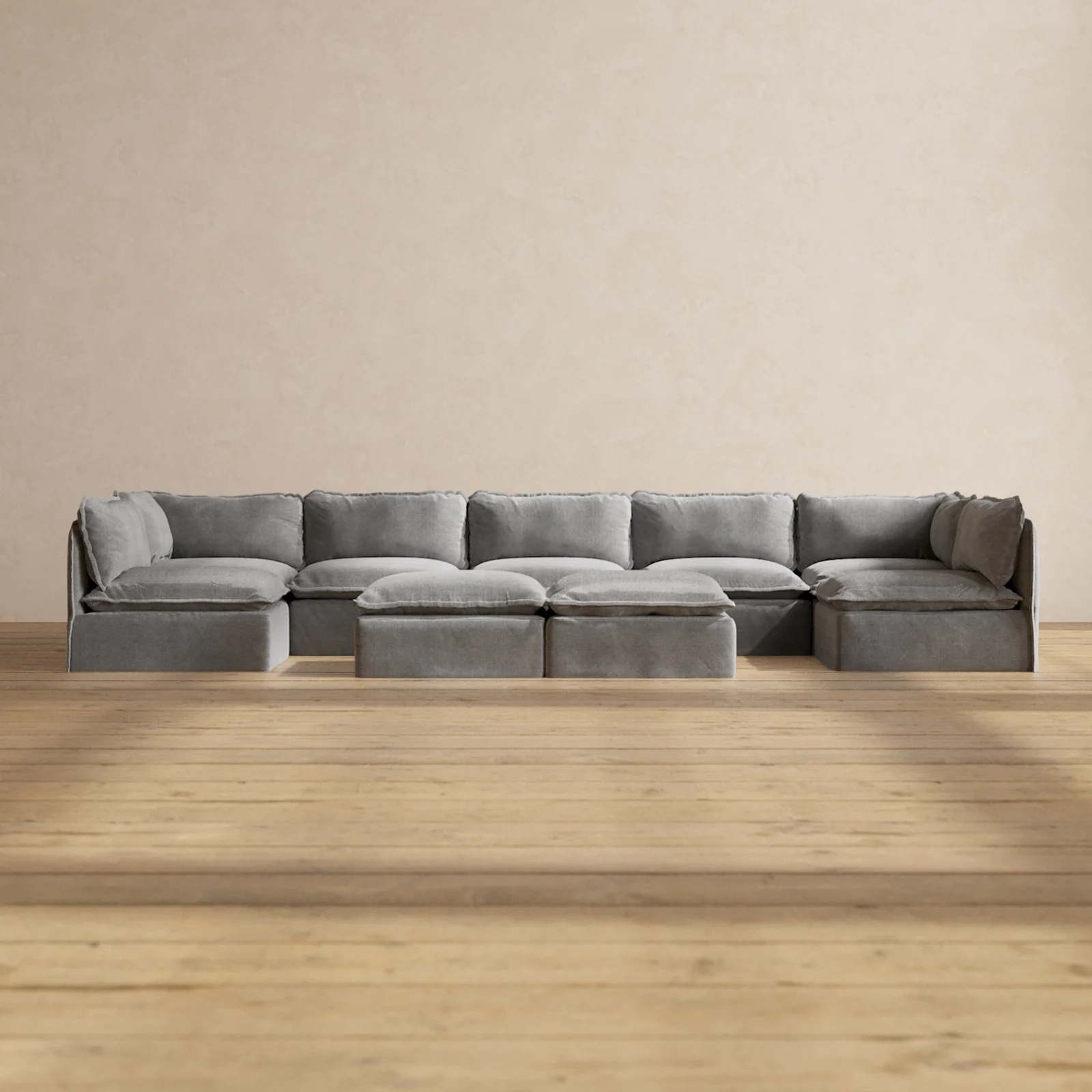 Modular Washable 7-Seater Open-Ends U-Sectional + Bench Ottoman in Ash | Memorix+ Seat | Contour Pillow