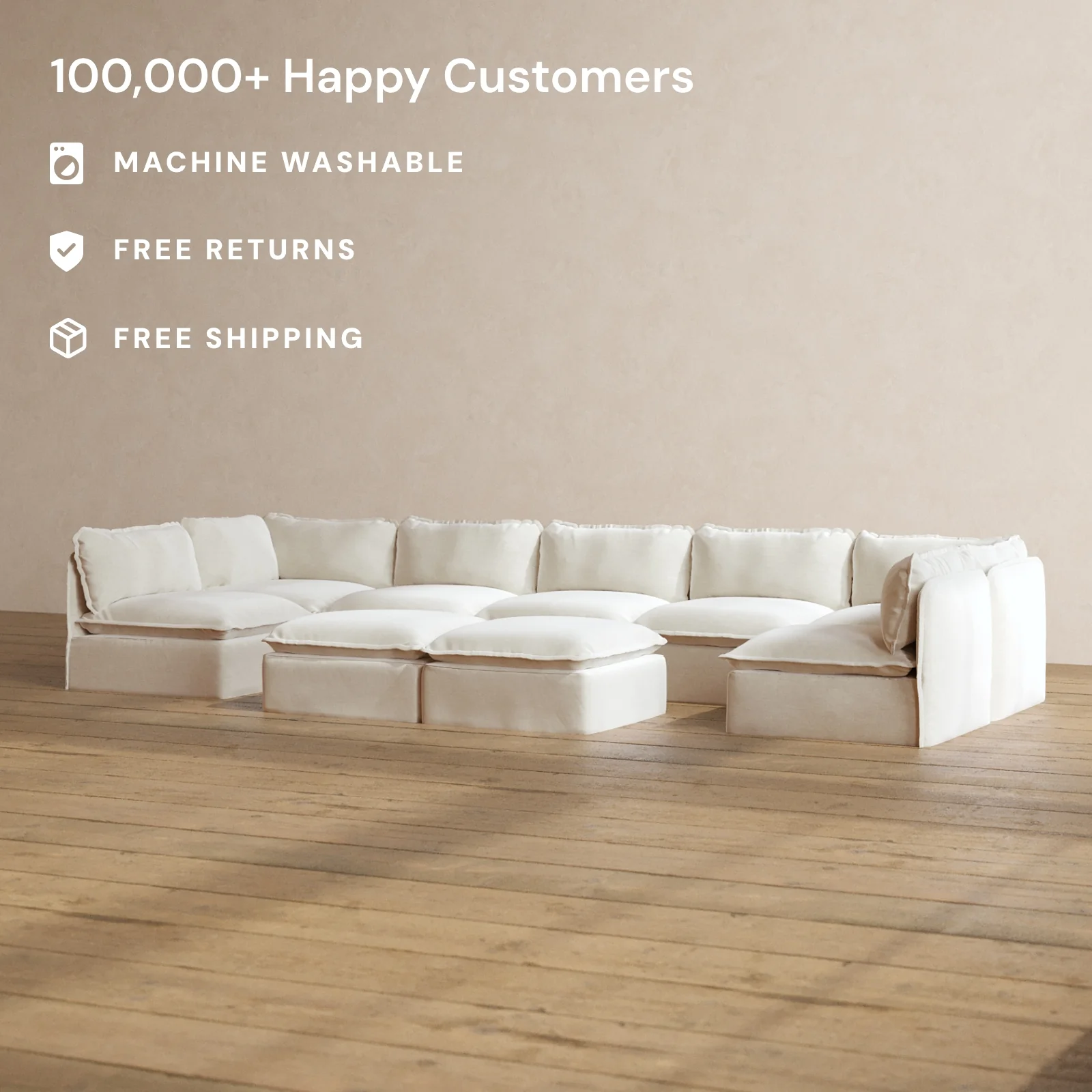 Modular Washable 7-Seater Open-Ends U-Sectional + Bench Ottoman in Coco | Memorix+ Seat | Contour Pillow - Image 2