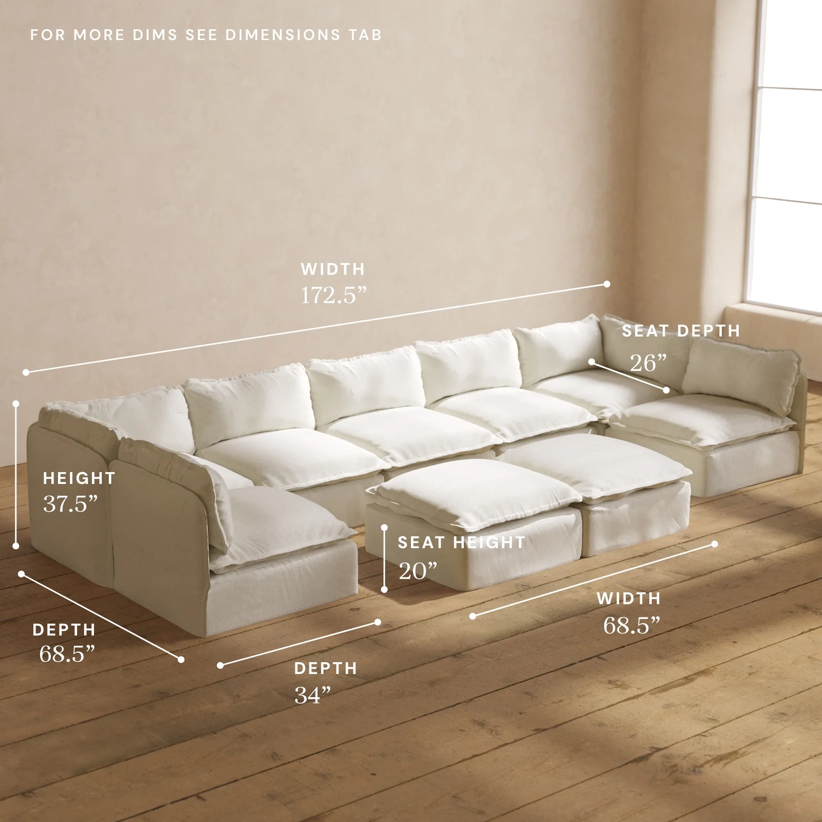 Modular Washable 7-Seater Open-Ends U-Sectional + Bench Ottoman in Eggshell | Deluxe+ Seat | Cloud Pillow - Image 5