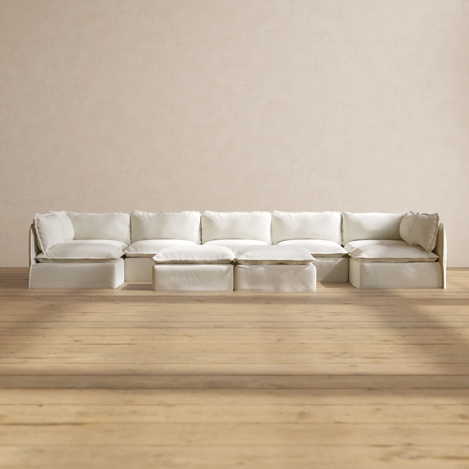 Modular Washable 7-Seater Open-Ends U-Sectional + Bench Ottoman in Eggshell | Memorix+ Seat | Contour Pillow
