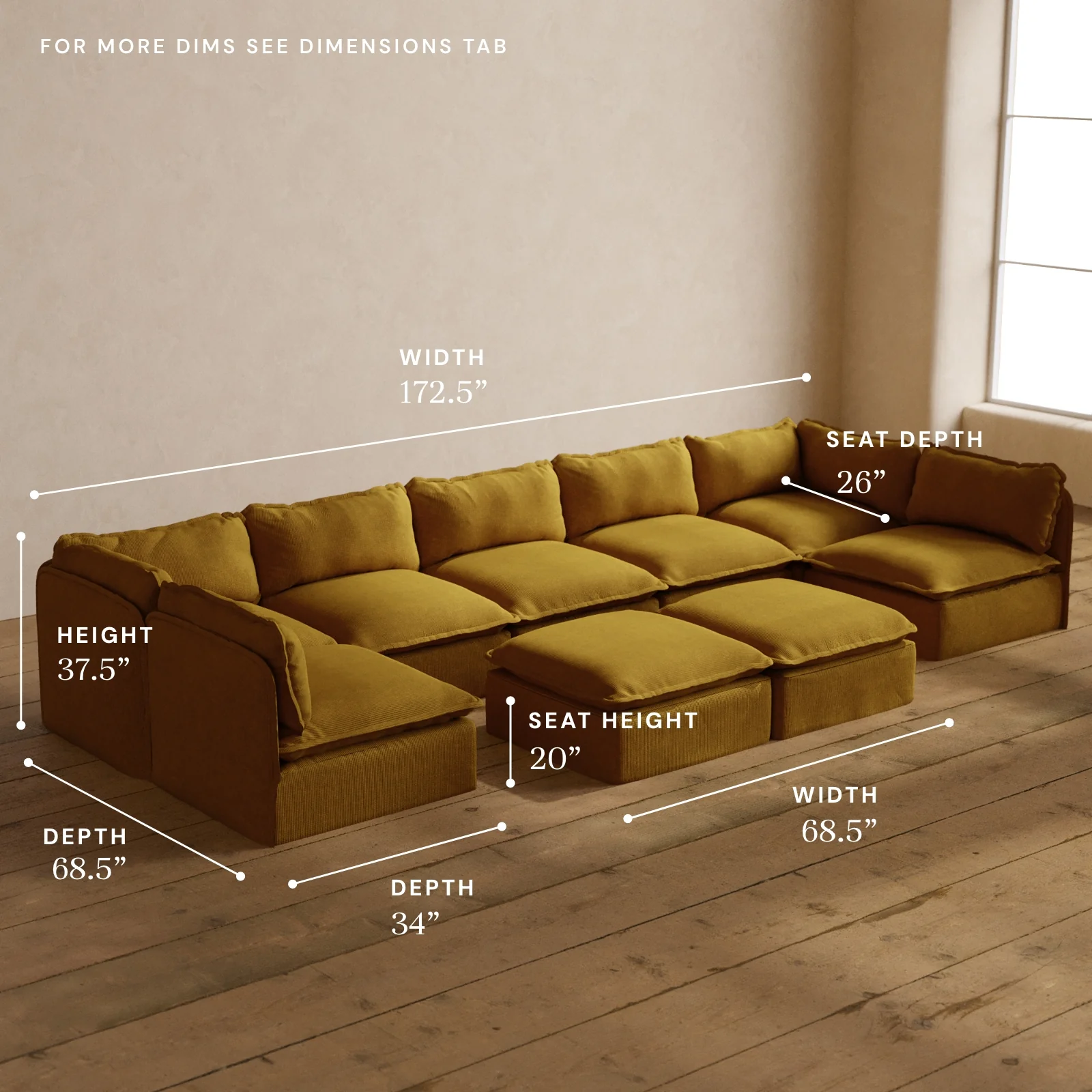 Modular Washable 7-Seater Open-Ends U-Sectional + Bench Ottoman in Kiiro | Memorix+ Seat | Contour Pillow - Image 5