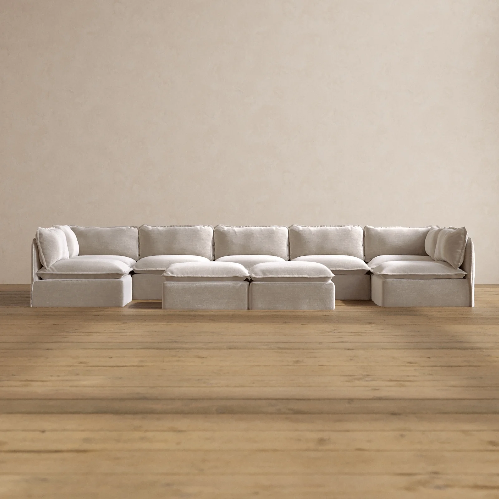 Modular Washable 7-Seater Open-Ends U-Sectional + Bench Ottoman in Mist | Deluxe+ Seat | Cloud Pillow
