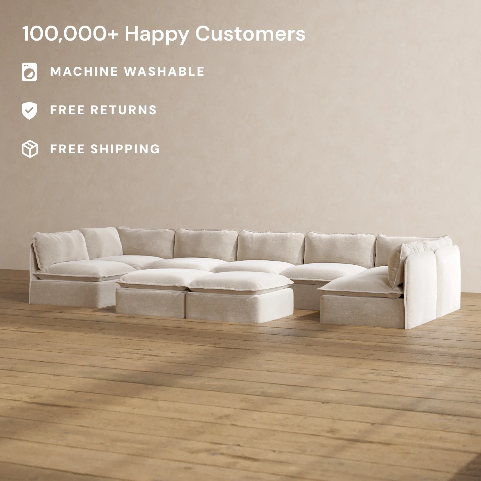 Modular Washable 7-Seater Open-Ends U-Sectional + Bench Ottoman in Mist | Deluxe+ Seat | Cloud Pillow - Image 2