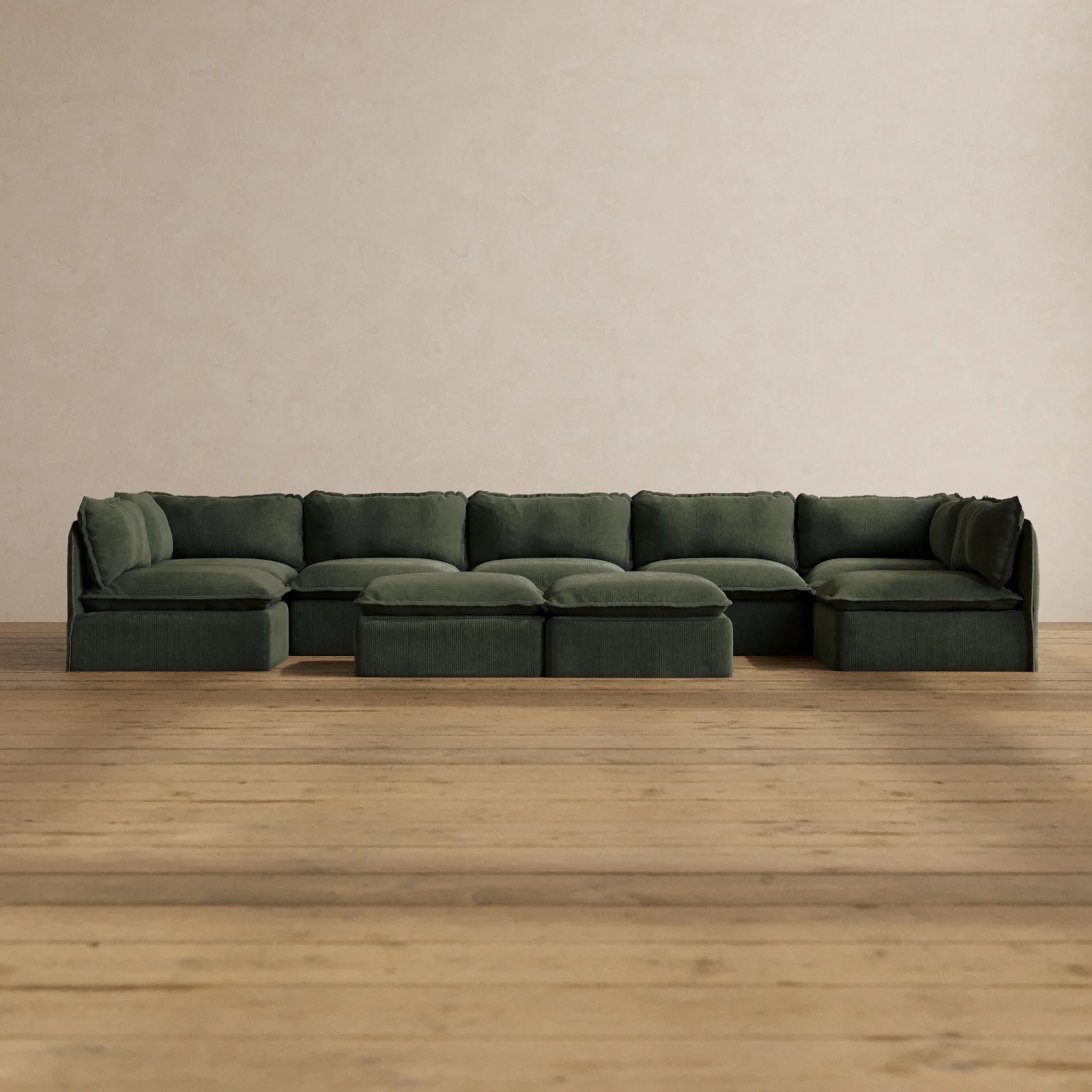 Modular Washable 7-Seater Open-Ends U-Sectional + Bench Ottoman in Olivine | Deluxe+ Seat | Cloud Pillow
