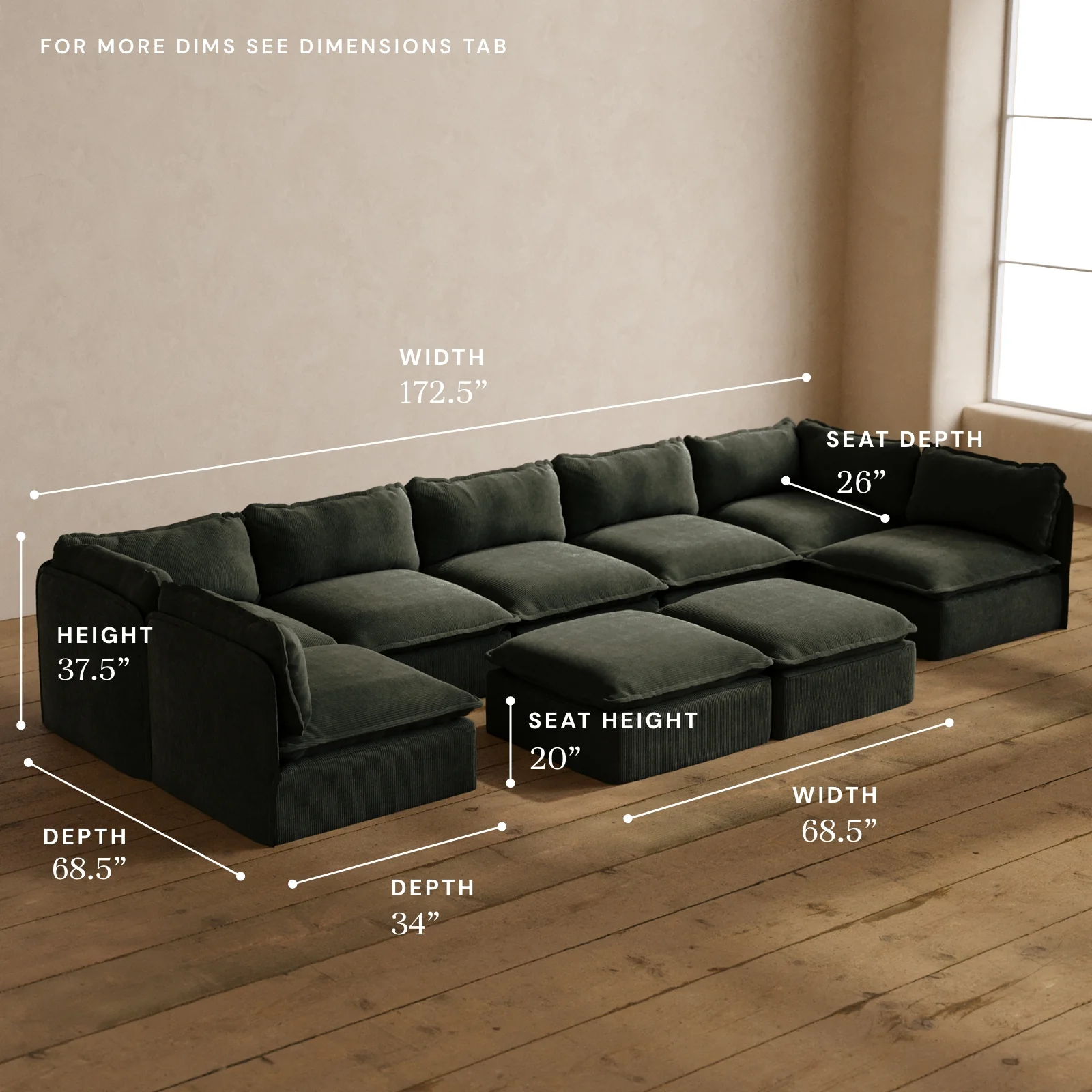 Modular Washable 7-Seater Open-Ends U-Sectional + Bench Ottoman in Olivine | Deluxe+ Seat | Cloud Pillow - Image 5