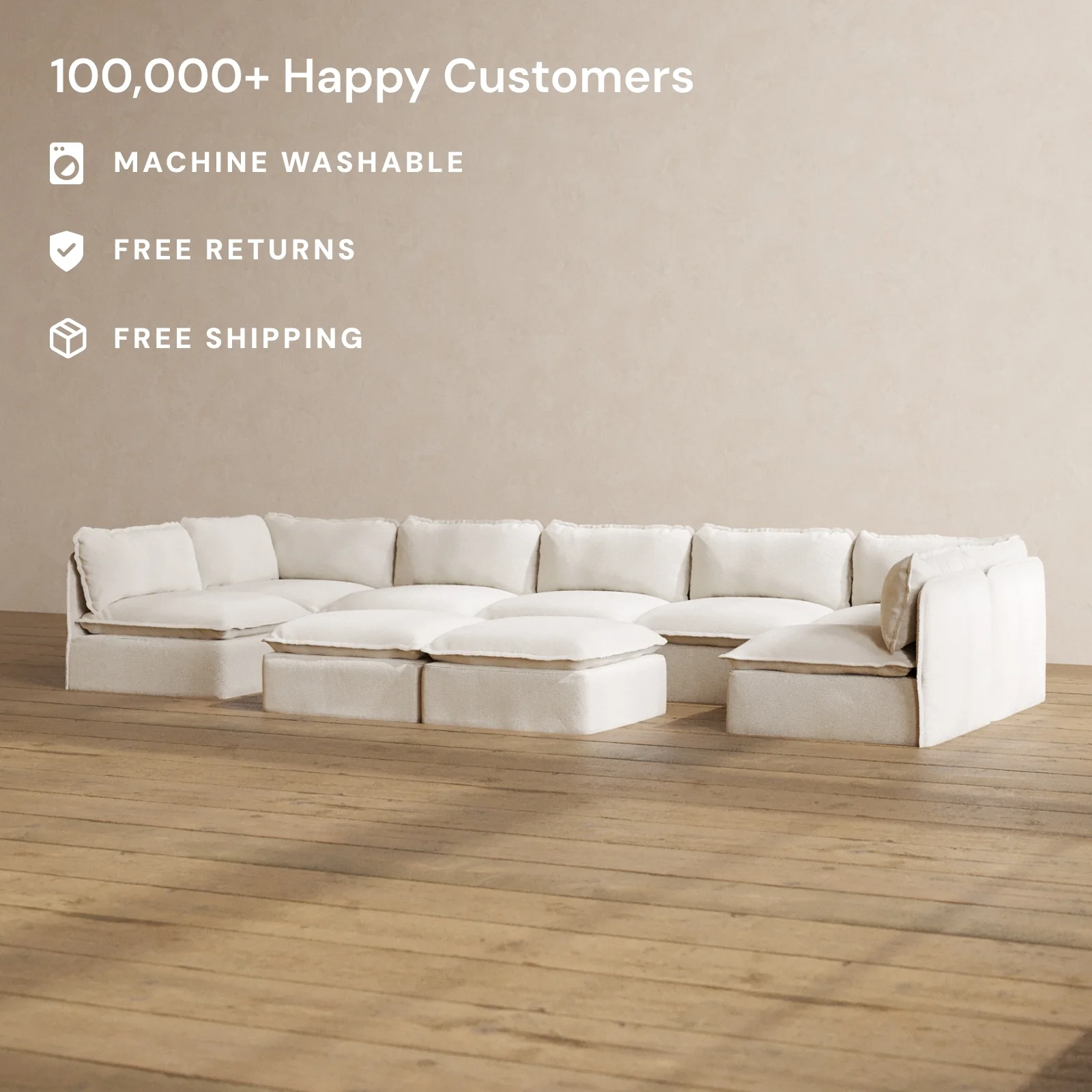 Modular Washable 7-Seater Open-Ends U-Sectional + Bench Ottoman in Powder | Deluxe+ Seat | Cloud Pillow - Image 2