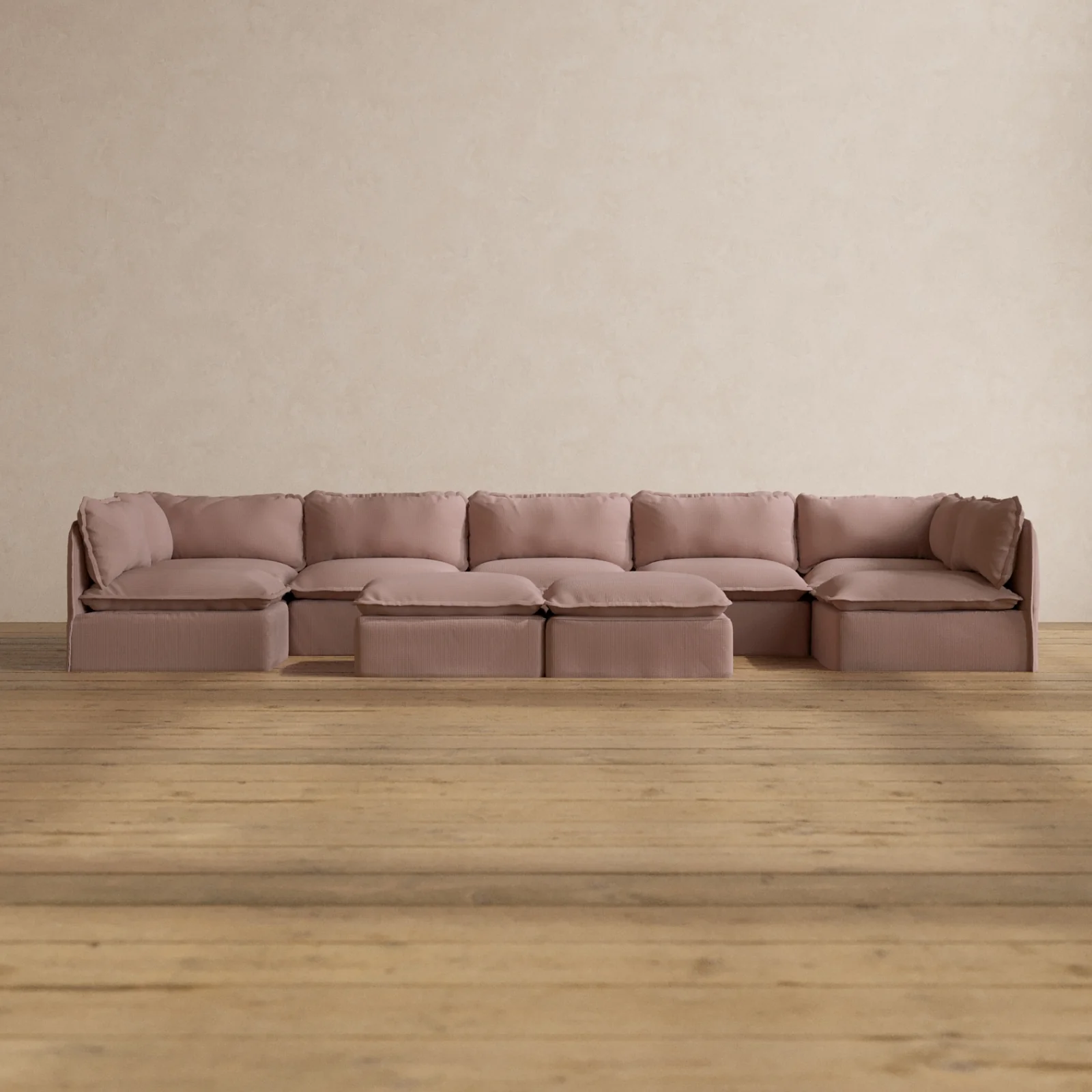 Modular Washable 7-Seater Open-Ends U-Sectional + Bench Ottoman in Sakura | Deluxe+ Seat | Cloud Pillow