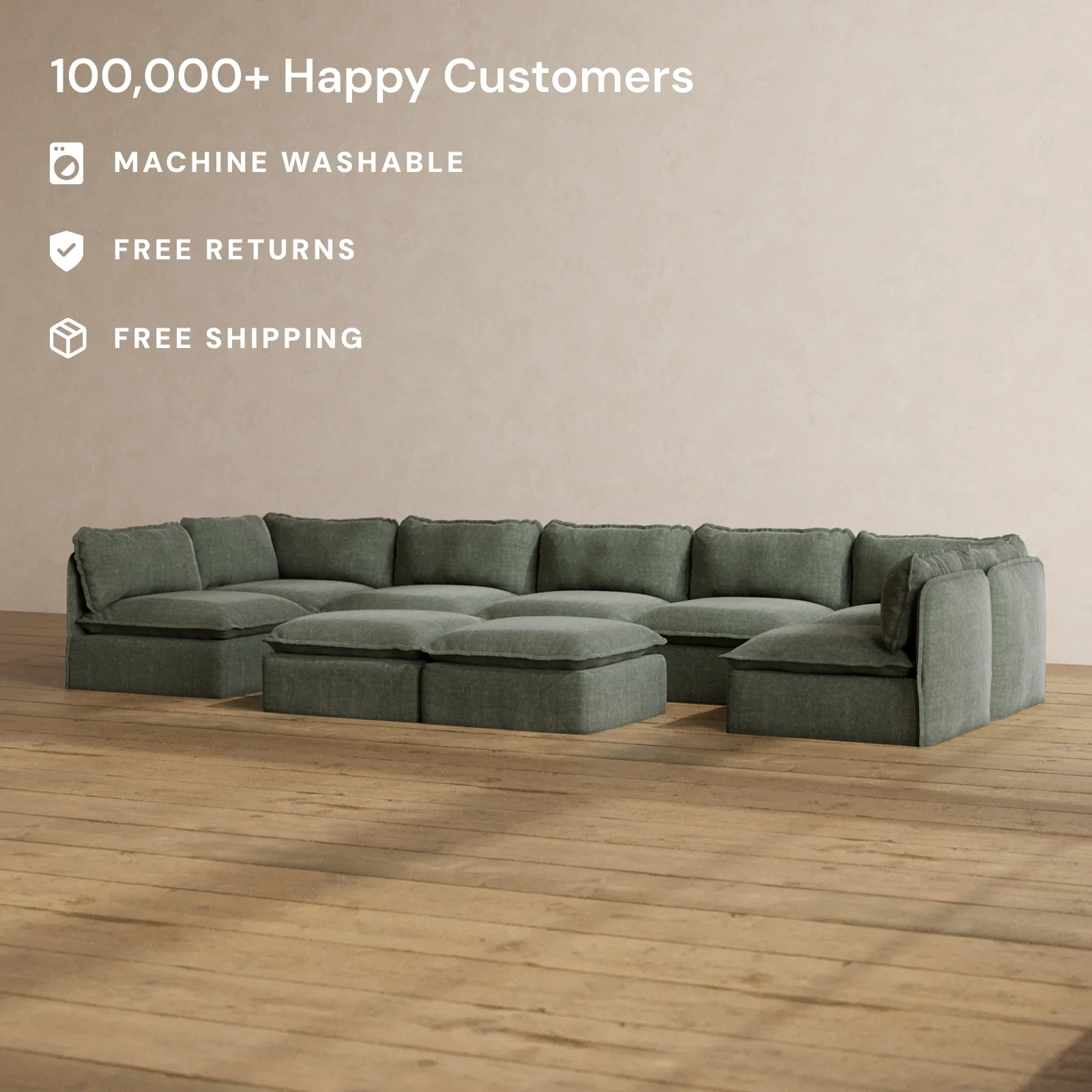 Modular Washable 7-Seater Open-Ends U-Sectional + Bench Ottoman in Willow | Memorix+ Seat | Contour Pillow - Image 2