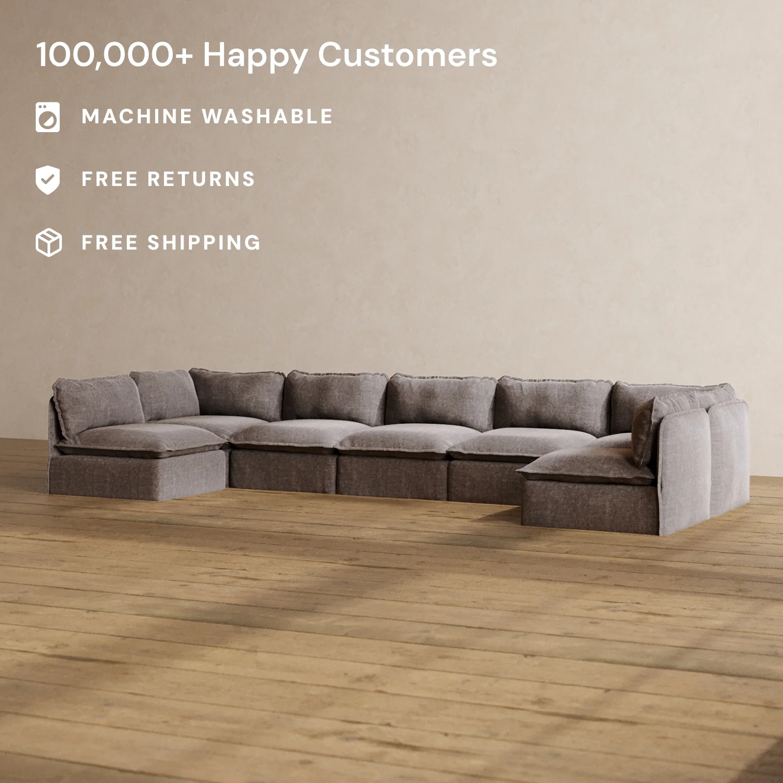 Modular Washable 7-Seater Open-Ends U-Sectional in Caviar | Deluxe+ Seat | Cloud Pillow - Image 2