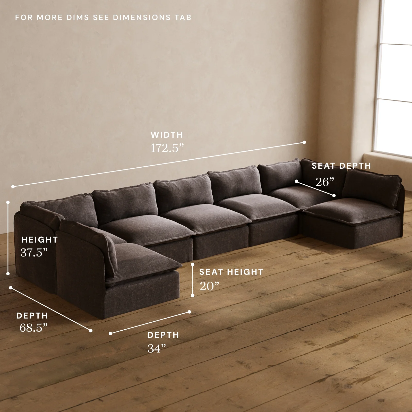 Modular Washable 7-Seater Open-Ends U-Sectional in Caviar | Deluxe+ Seat | Cloud Pillow - Image 5
