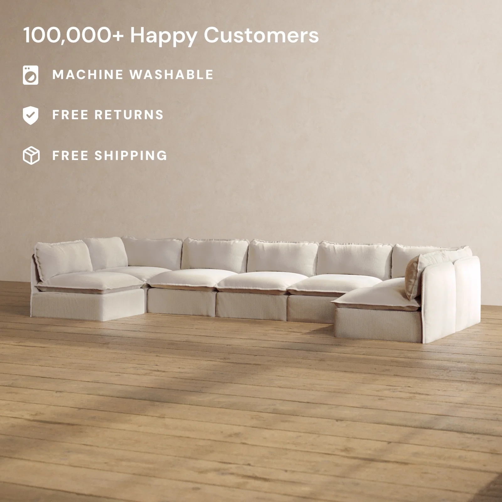 Modular Washable 7-Seater Open-Ends U-Sectional in Milk | Deluxe+ Seat | Cloud Pillow - Image 2