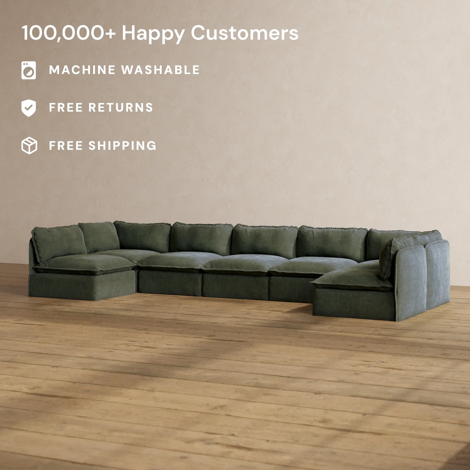 Modular Washable 7-Seater Open-Ends U-Sectional in Olivine | Memorix+ Seat | Contour Pillow - Image 2