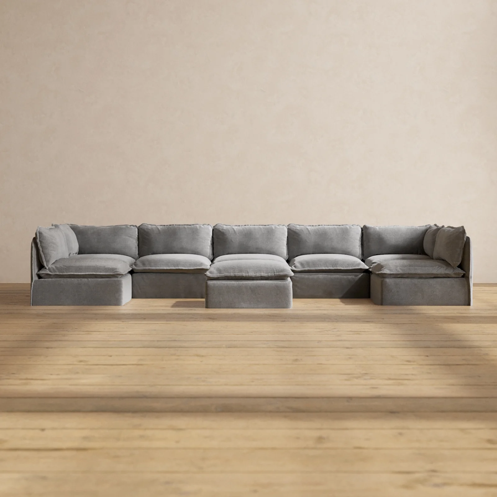 Modular Washable 7-Seater Open-Ends U-Sectional + Ottoman in Ash | Memorix+ Seat | Contour Pillow