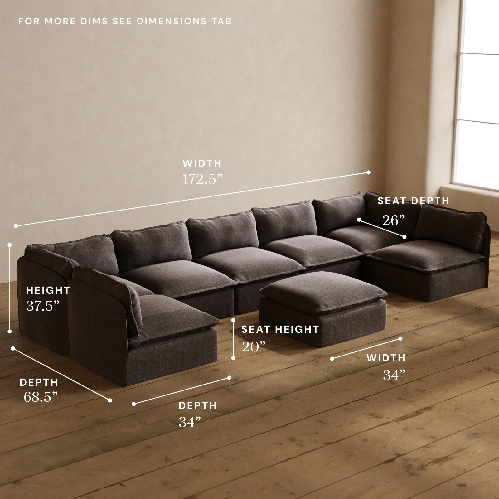 Modular Washable 7-Seater Open-Ends U-Sectional + Ottoman in Caviar | Memorix+ Seat | Contour Pillow - Image 5