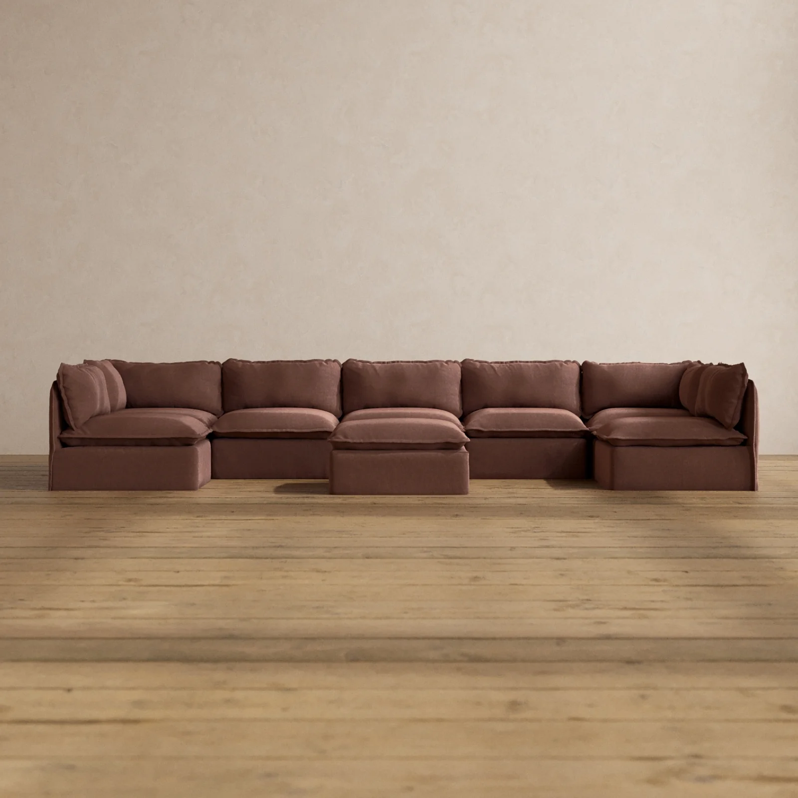 Modular Washable 7-Seater Open-Ends U-Sectional + Ottoman in Chestnut | Memorix+ Seat | Contour Pillow