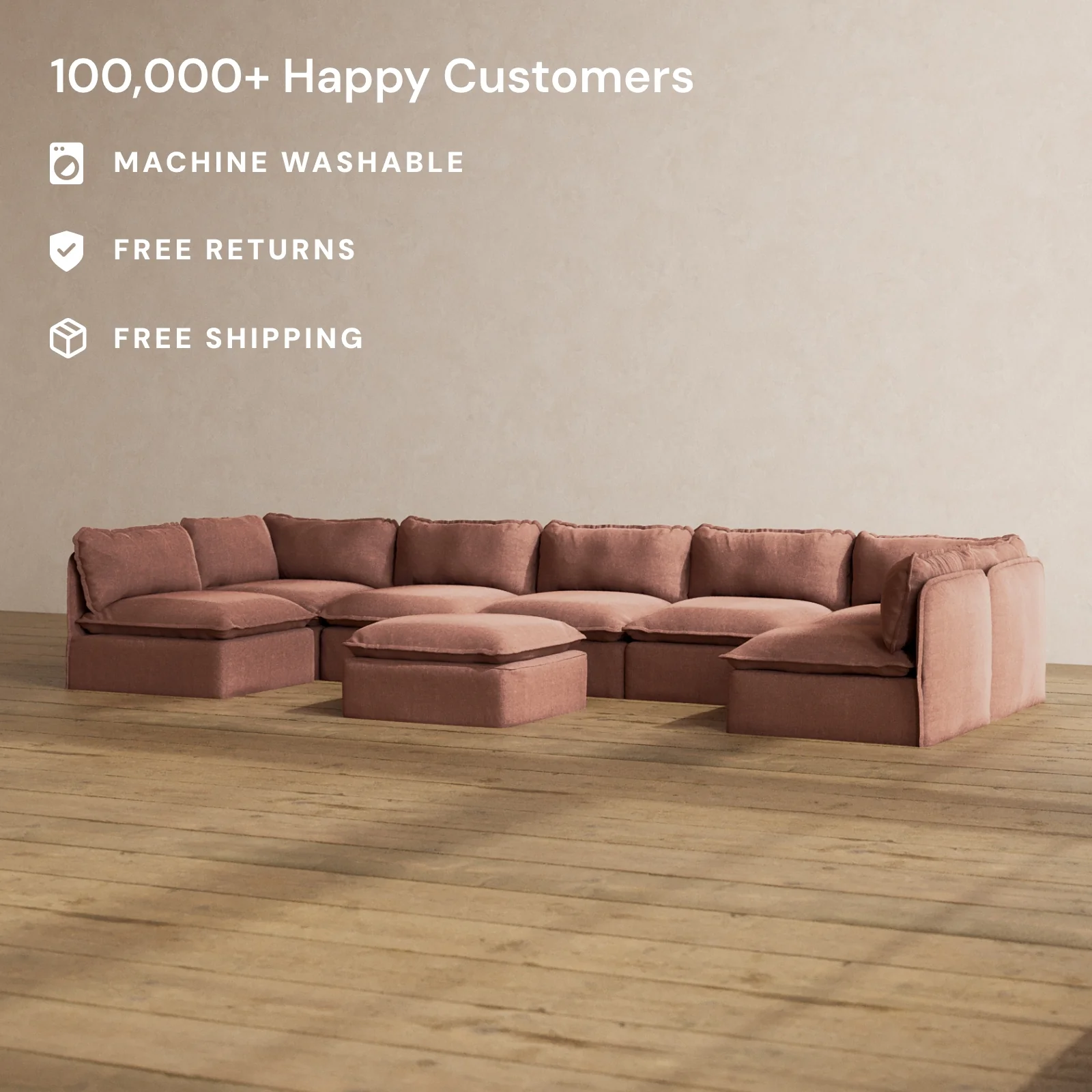 Modular Washable 7-Seater Open-Ends U-Sectional + Ottoman in Chestnut | Memorix+ Seat | Contour Pillow - Image 2
