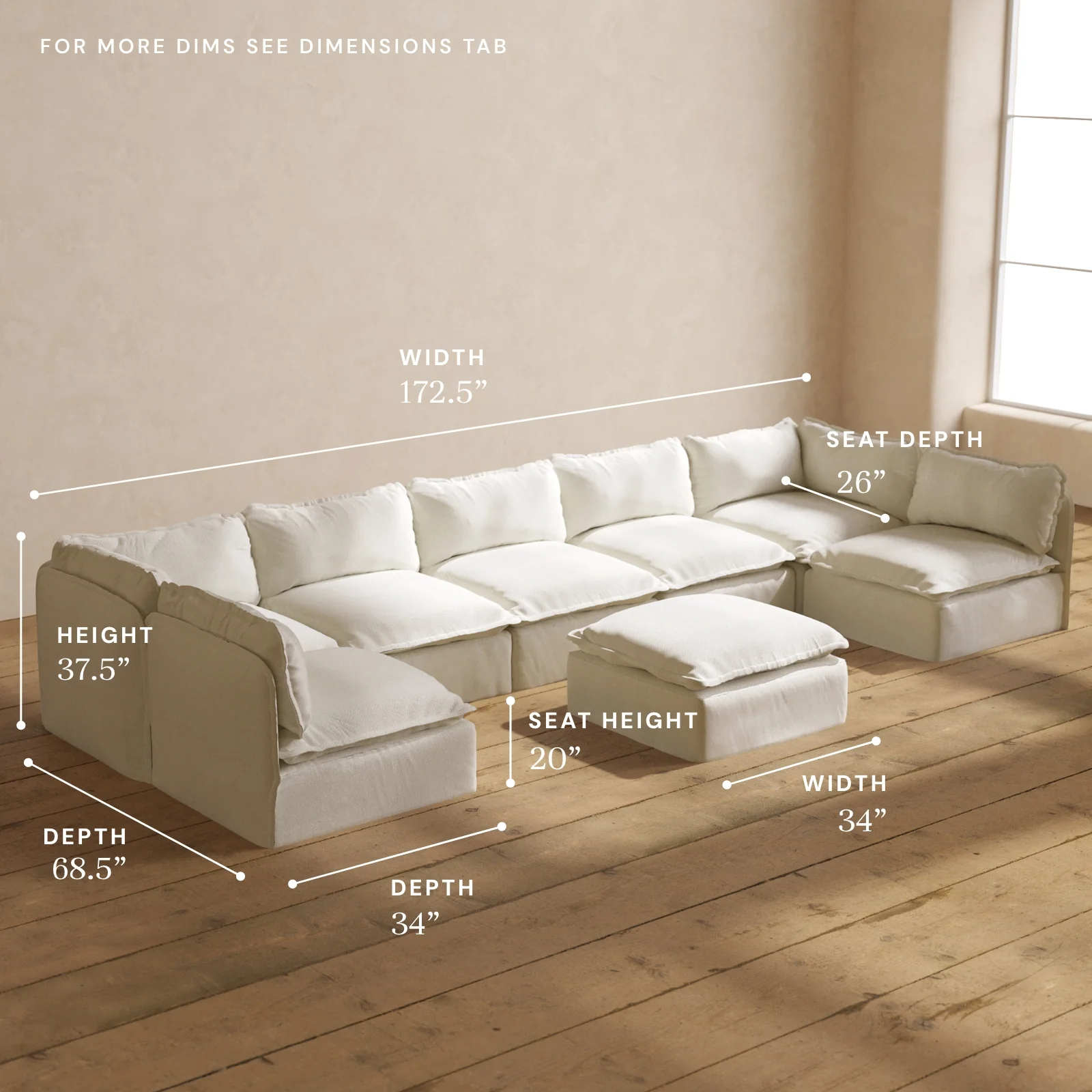 Modular Washable 7-Seater Open-Ends U-Sectional + Ottoman in Eggshell | Deluxe+ Seat | Cloud Pillow - Image 5