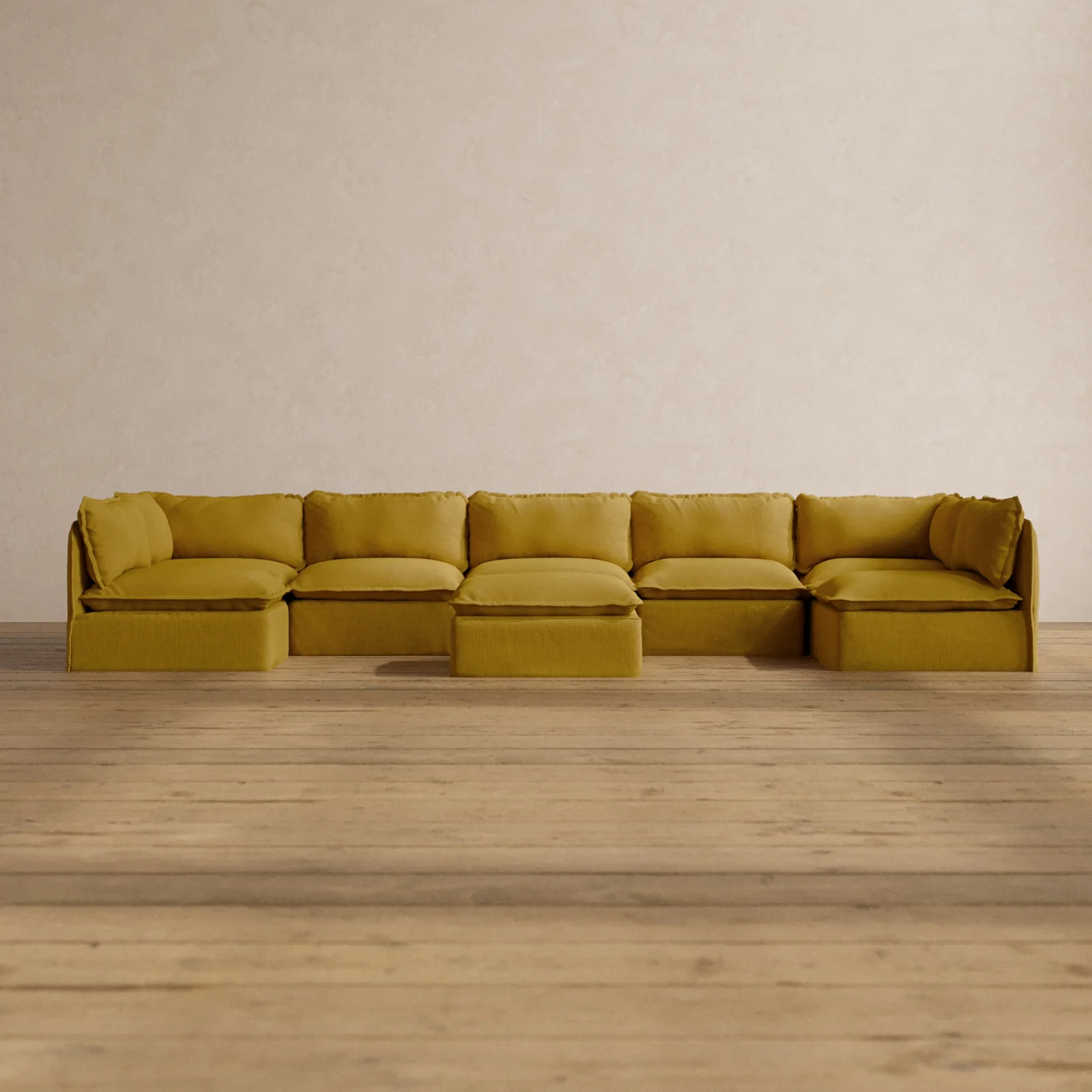 Modular Washable 7-Seater Open-Ends U-Sectional + Ottoman in Kiiro | Memorix+ Seat | Contour Pillow