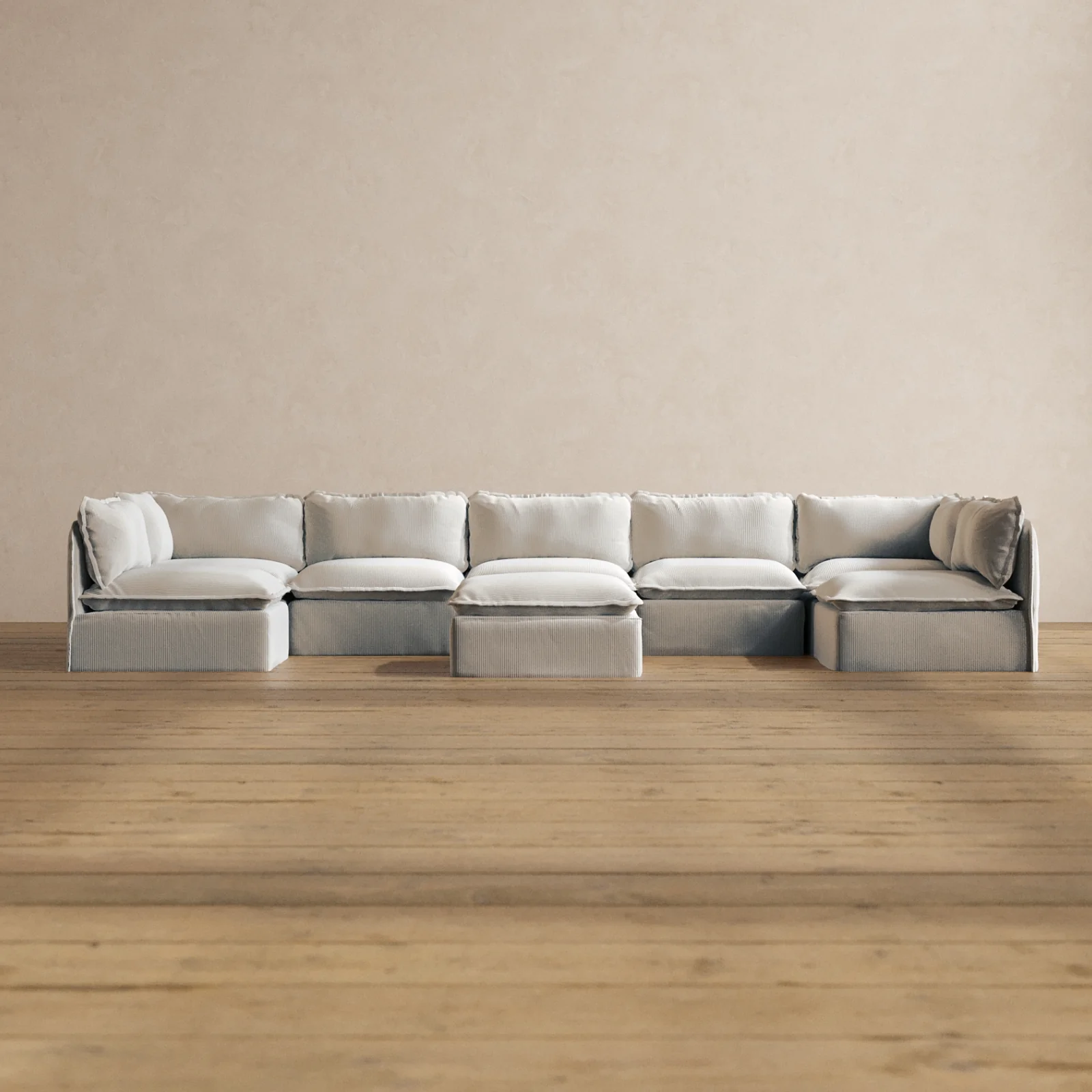 Modular Washable 7-Seater Open-Ends U-Sectional + Ottoman in Milk | Memorix+ Seat | Contour Pillow
