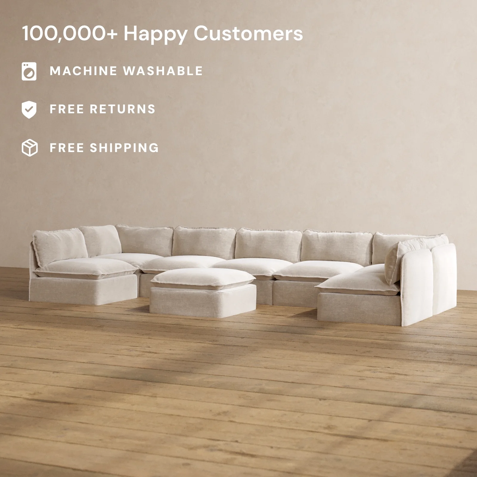 Modular Washable 7-Seater Open-Ends U-Sectional + Ottoman in Mist | Memorix+ Seat | Contour Pillow - Image 2