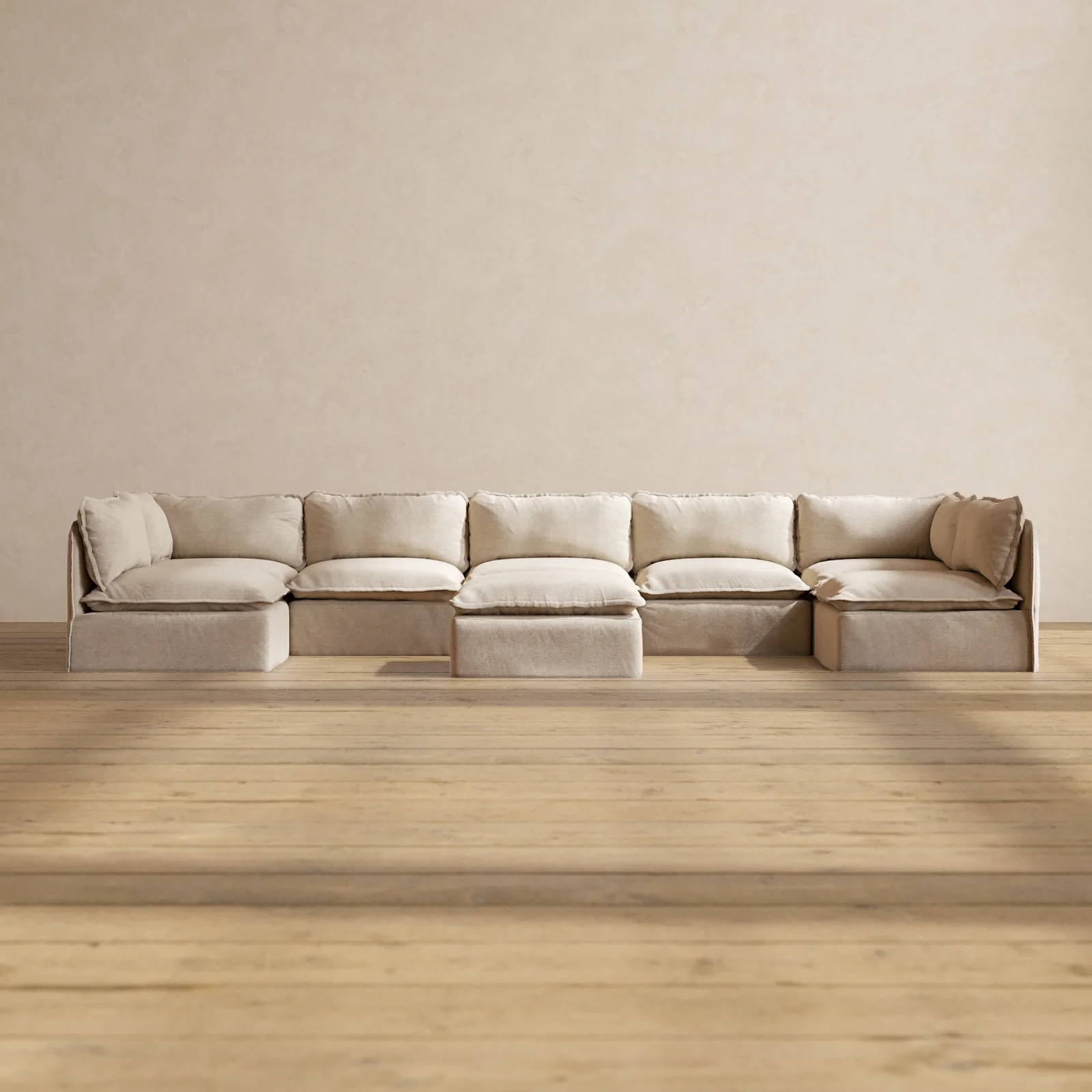 Modular Washable 7-Seater Open-Ends U-Sectional + Ottoman in Oat | Memorix+ Seat | Contour Pillow