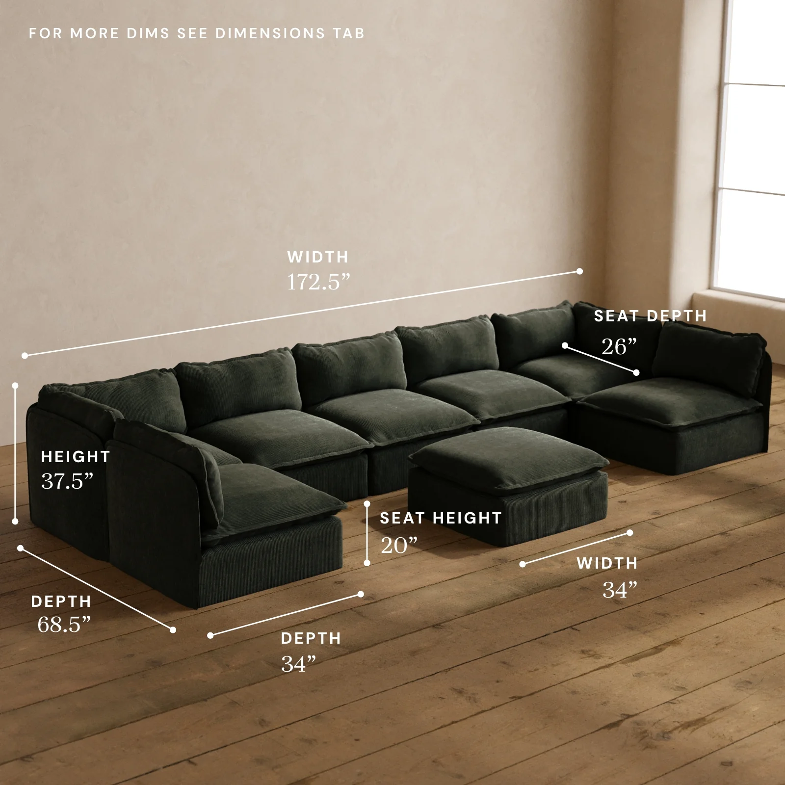 Modular Washable 7-Seater Open-Ends U-Sectional + Ottoman in Olivine | Deluxe+ Seat | Cloud Pillow - Image 5