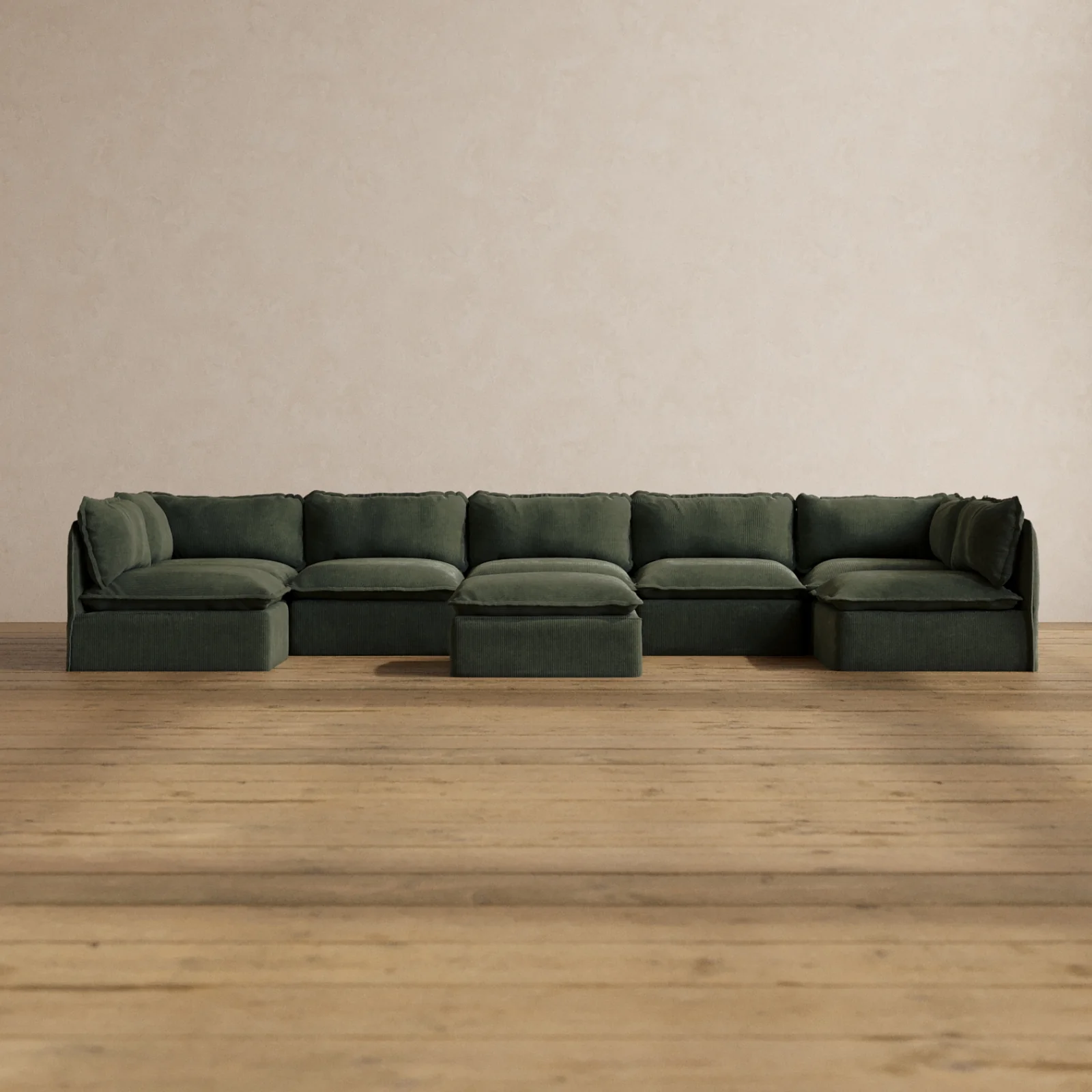 Modular Washable 7-Seater Open-Ends U-Sectional + Ottoman in Olivine | Memorix+ Seat | Contour Pillow