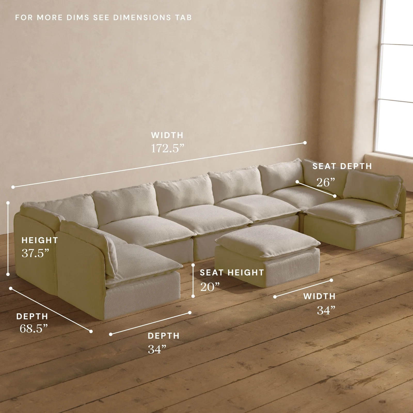 Modular Washable 7-Seater Open-Ends U-Sectional + Ottoman in Powder | Memorix+ Seat | Contour Pillow - Image 5