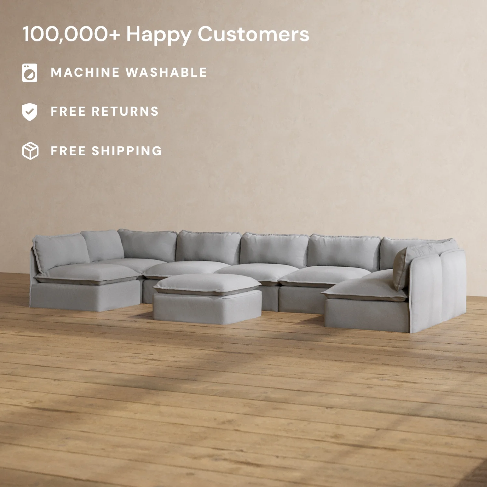 Modular Washable 7-Seater Open-Ends U-Sectional + Ottoman in Pumice | Memorix+ Seat | Contour Pillow - Image 2