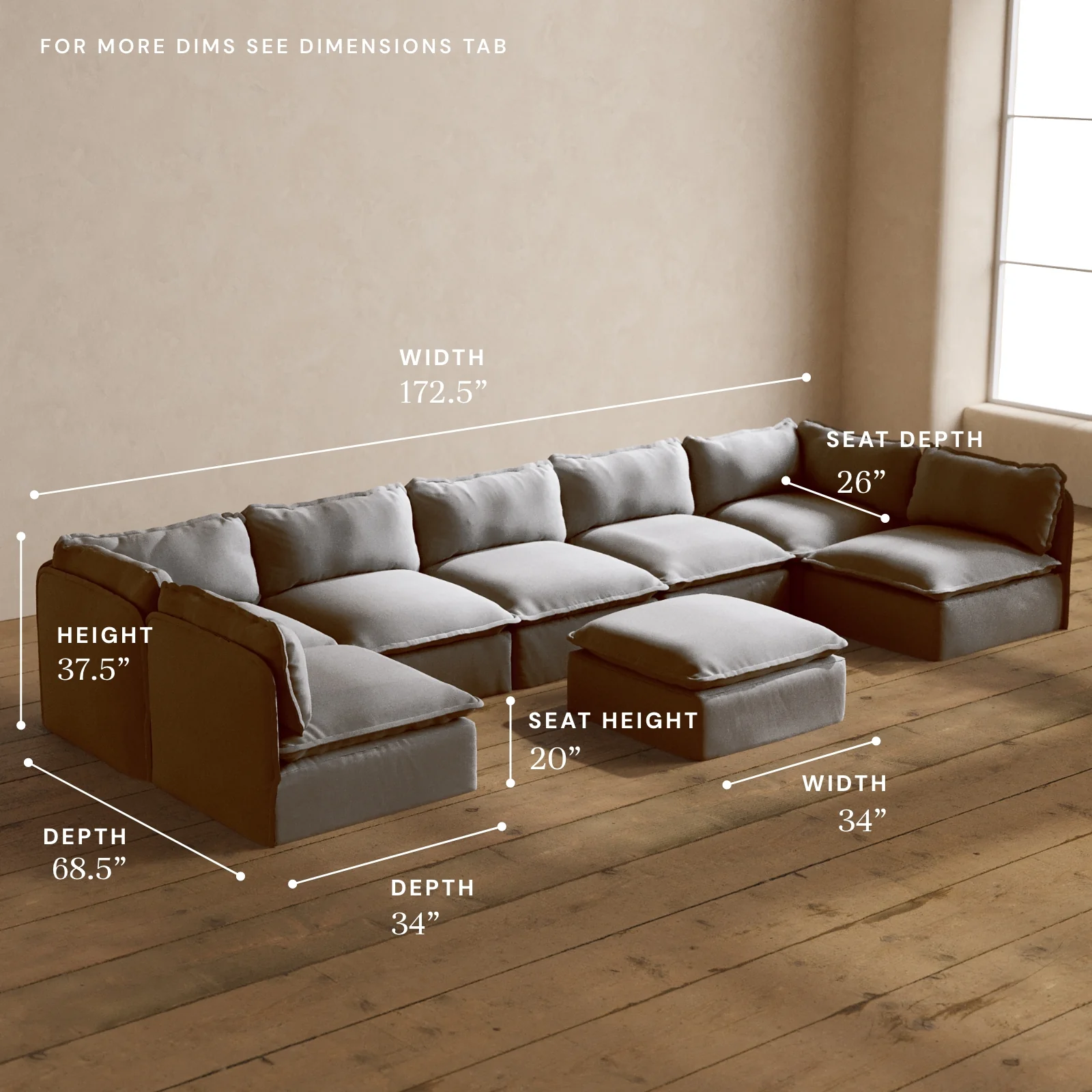 Modular Washable 7-Seater Open-Ends U-Sectional + Ottoman in Pumice | Memorix+ Seat | Contour Pillow - Image 5