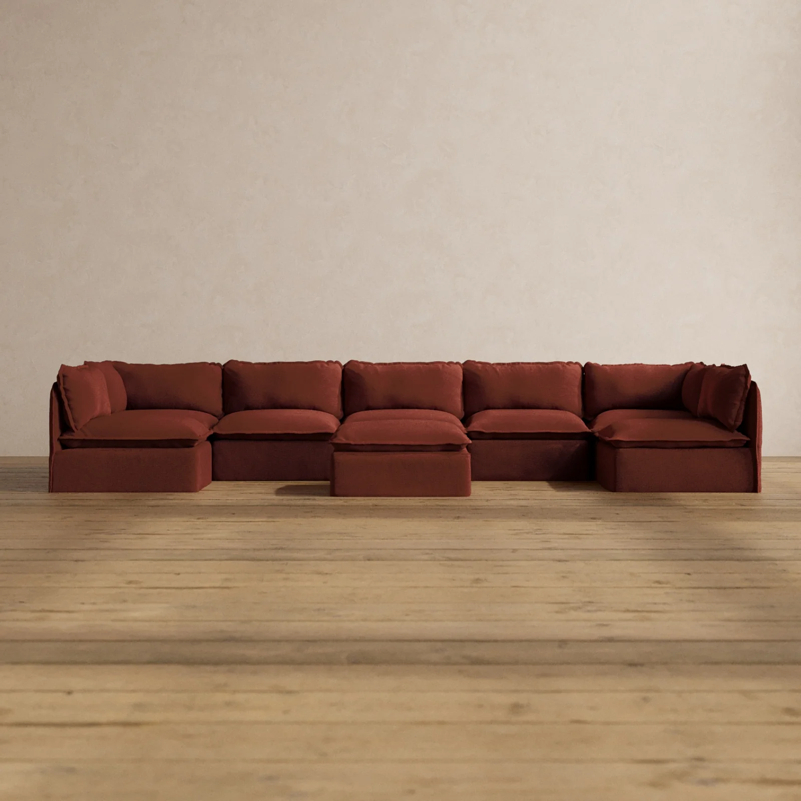 Modular Washable 7-Seater Open-Ends U-Sectional + Ottoman in Rust | Memorix+ Seat | Contour Pillow