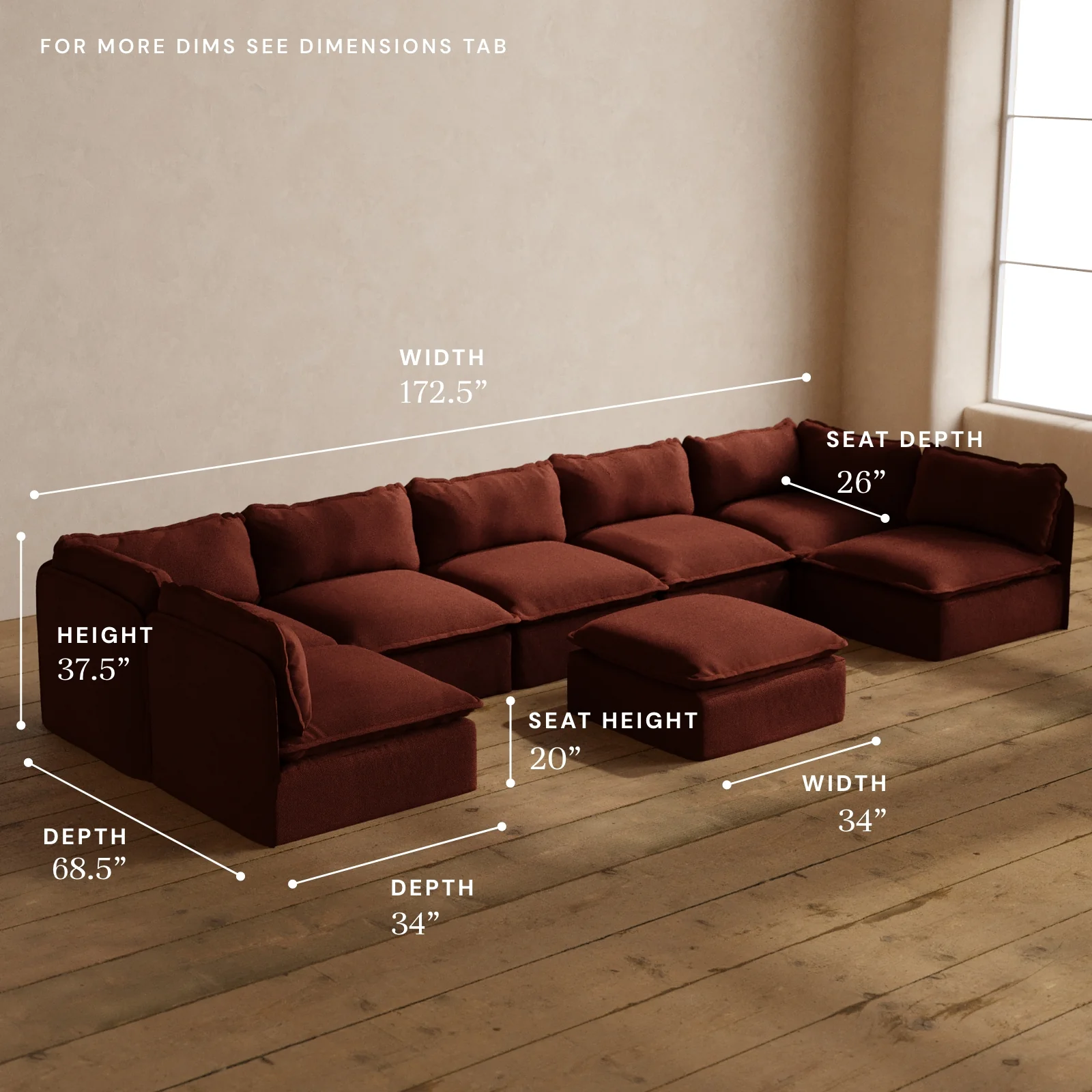 Modular Washable 7-Seater Open-Ends U-Sectional + Ottoman in Rust | Memorix+ Seat | Contour Pillow - Image 5