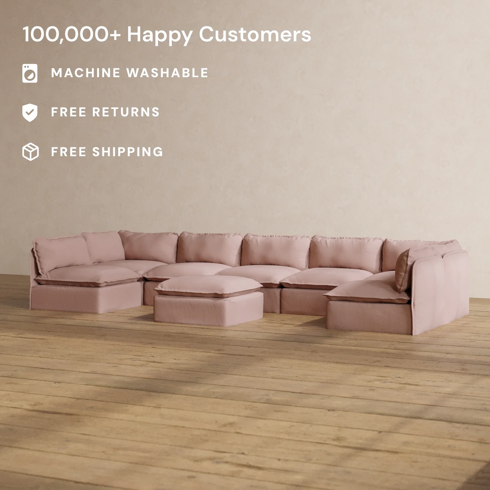 Modular Washable 7-Seater Open-Ends U-Sectional + Ottoman in Sakura | Deluxe+ Seat | Cloud Pillow - Image 2