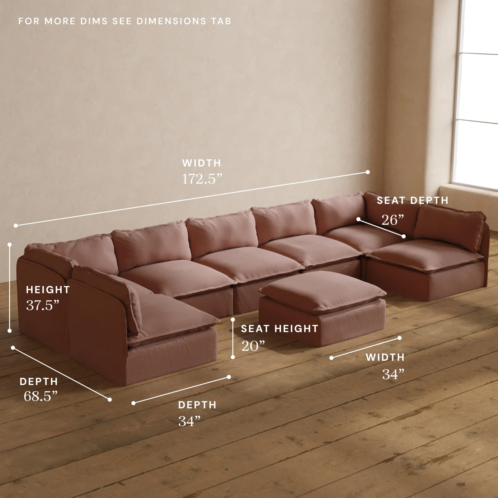 Modular Washable 7-Seater Open-Ends U-Sectional + Ottoman in Sakura | Deluxe+ Seat | Cloud Pillow - Image 5