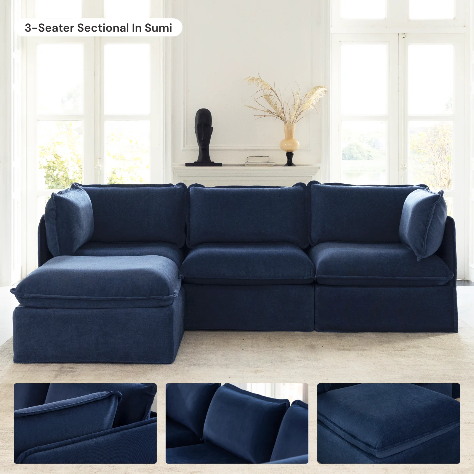 Modular Washable 7-Seater Open-Ends U-Sectional + Ottoman in Sumi | Memorix+ Seat | Contour Pillow - Image 7