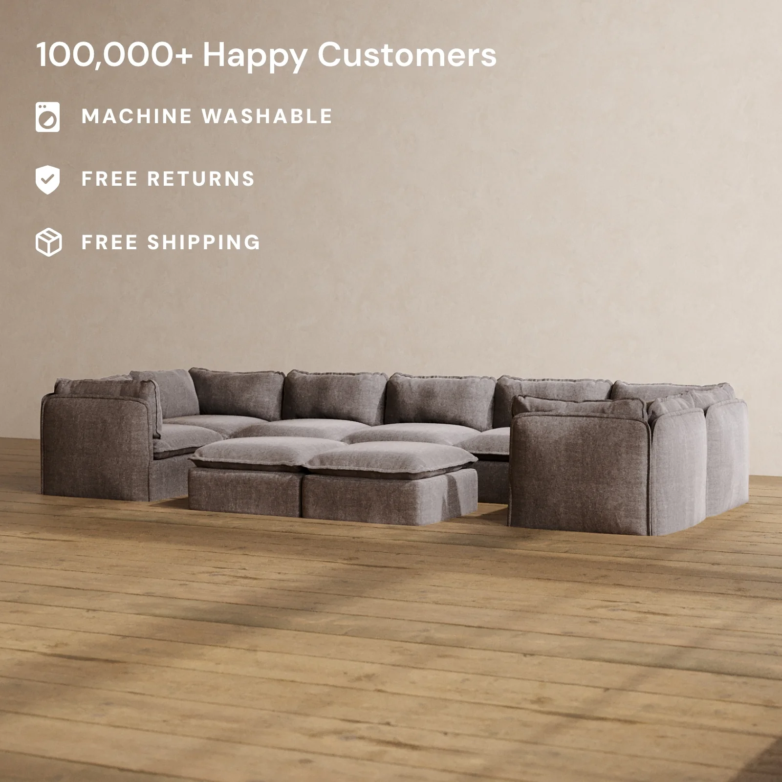 Modular Washable 7-Seater U-Sectional + Bench Ottoman in Caviar | Memorix+ Seat | Contour Pillow - Image 2
