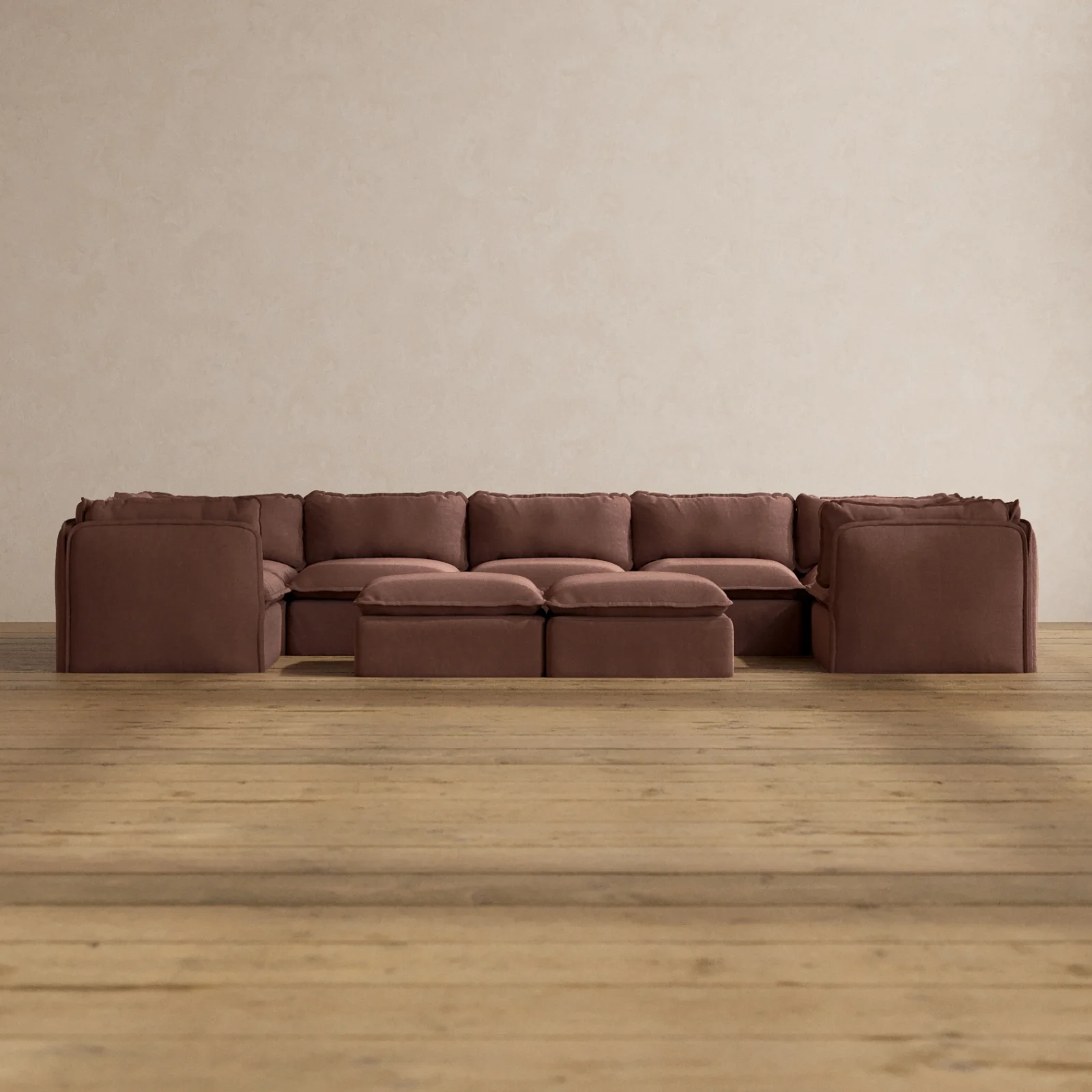 Modular Washable 7-Seater U-Sectional + Bench Ottoman in Chestnut | Memorix+ Seat | Contour Pillow